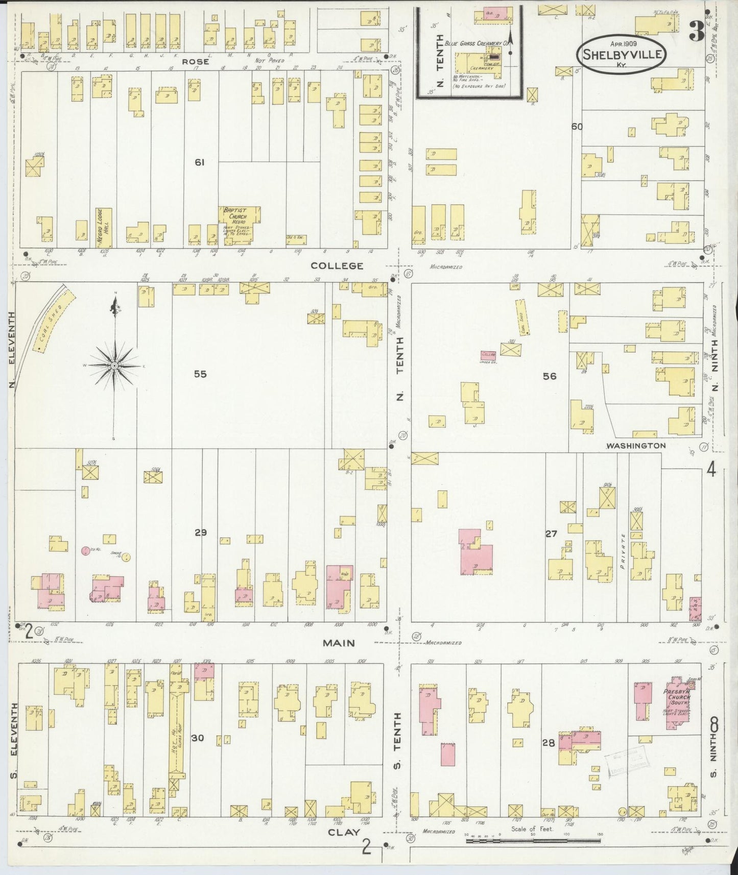 Sanborn Fire Insurance Map from Shelbyville, Shelby County, Kentucky (1909), Sheet #0003 - Historic Sanborn Fire Insurance Map Print, vintage old map wall art, antique decor, genealogy gift, Kentucky Kentucky map