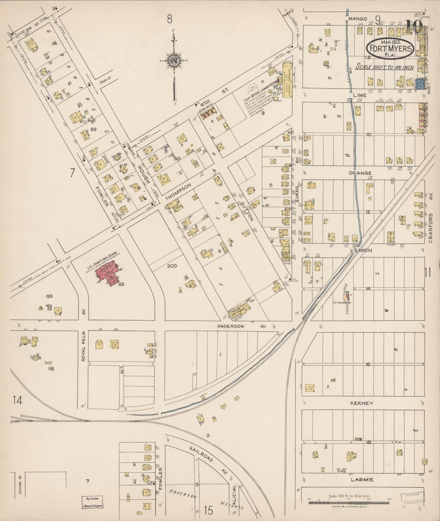 Sanborn Fire Insurance Map from Fort Myers, Lee County, Florida (1922), Sheet #0010 - Historic Sanborn Fire Insurance Map Print, vintage old map wall art, antique decor, genealogy gift, Florida Florida map