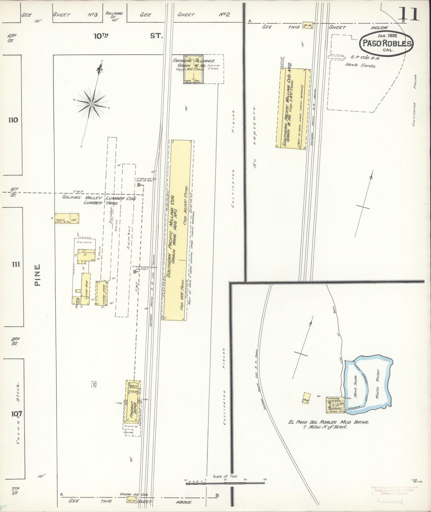Sanborn Fire Insurance Map from Paso Robles, San Luis Obispo County, California (1892), Sheet #0011 - Complete Map Set gallery image, historic Sanborn map, vintage wall art, California California