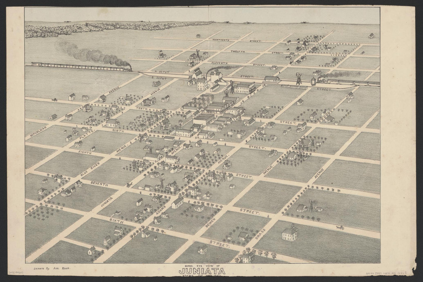Birds eye view of Juniata : Adams Co. Neb. 1884 (1884) – Historic Bird’s-Eye View Panorama Print