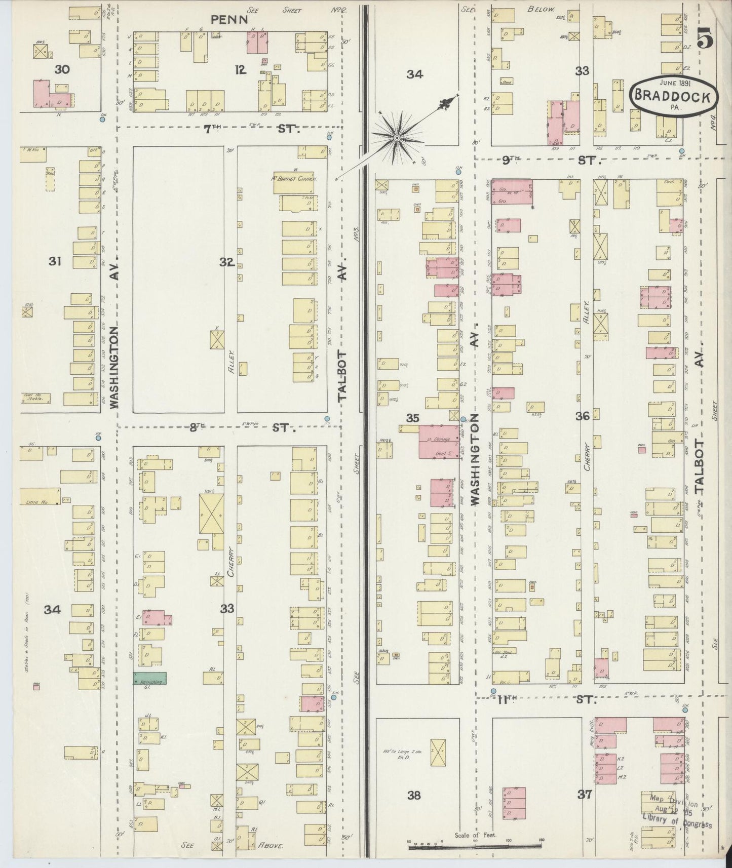 Sanborn Fire Insurance Map from Braddock, Allegheny County, Pennsylvania (1891), Sheet #0005 - Historic Sanborn Fire Insurance Map Print, vintage old map wall art, antique decor, genealogy gift, Pennsylvania Pennsylvania map