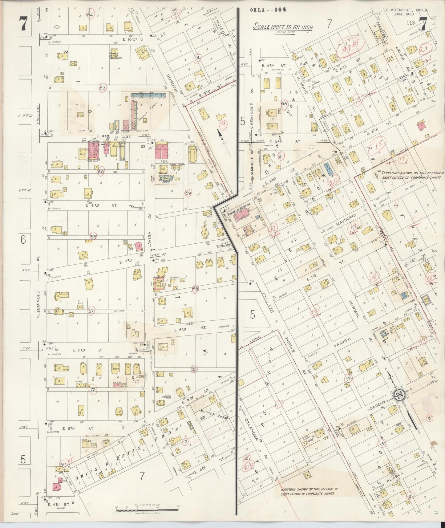 Sanborn Fire Insurance Map from Claremore, Rogers County, Oklahoma (1940), Sheet #0007 - Historic Sanborn Fire Insurance Map Print, vintage old map wall art, antique decor, genealogy gift, Oklahoma Oklahoma map