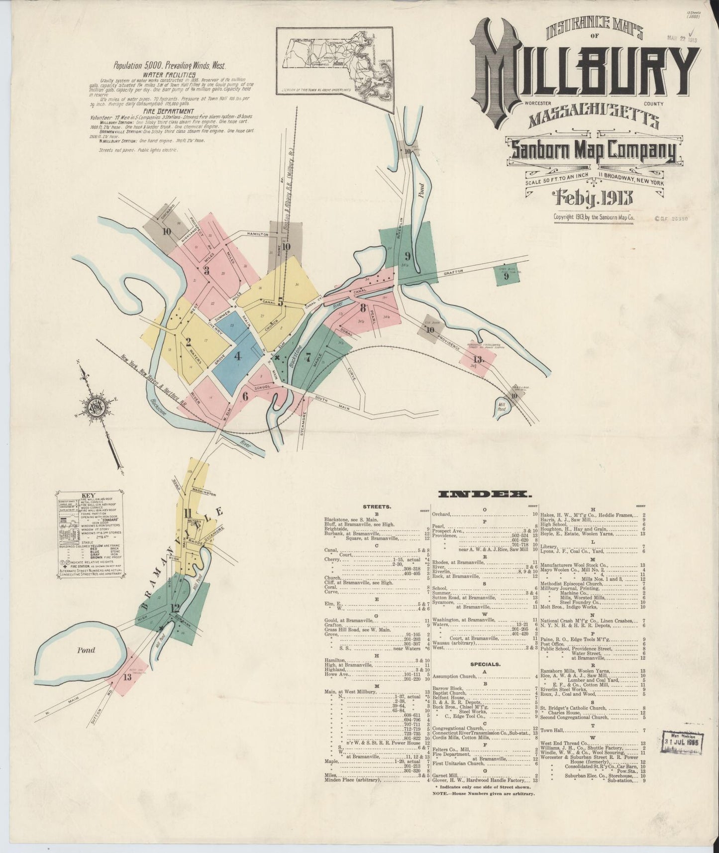 Sanborn Fire Insurance Map from Millbury, Worcester County, Massachusetts (1913), Sheet #0001 - Historic Sanborn Fire Insurance Map Print, vintage old map wall art, antique decor, genealogy gift, Massachusetts Massachusetts map
