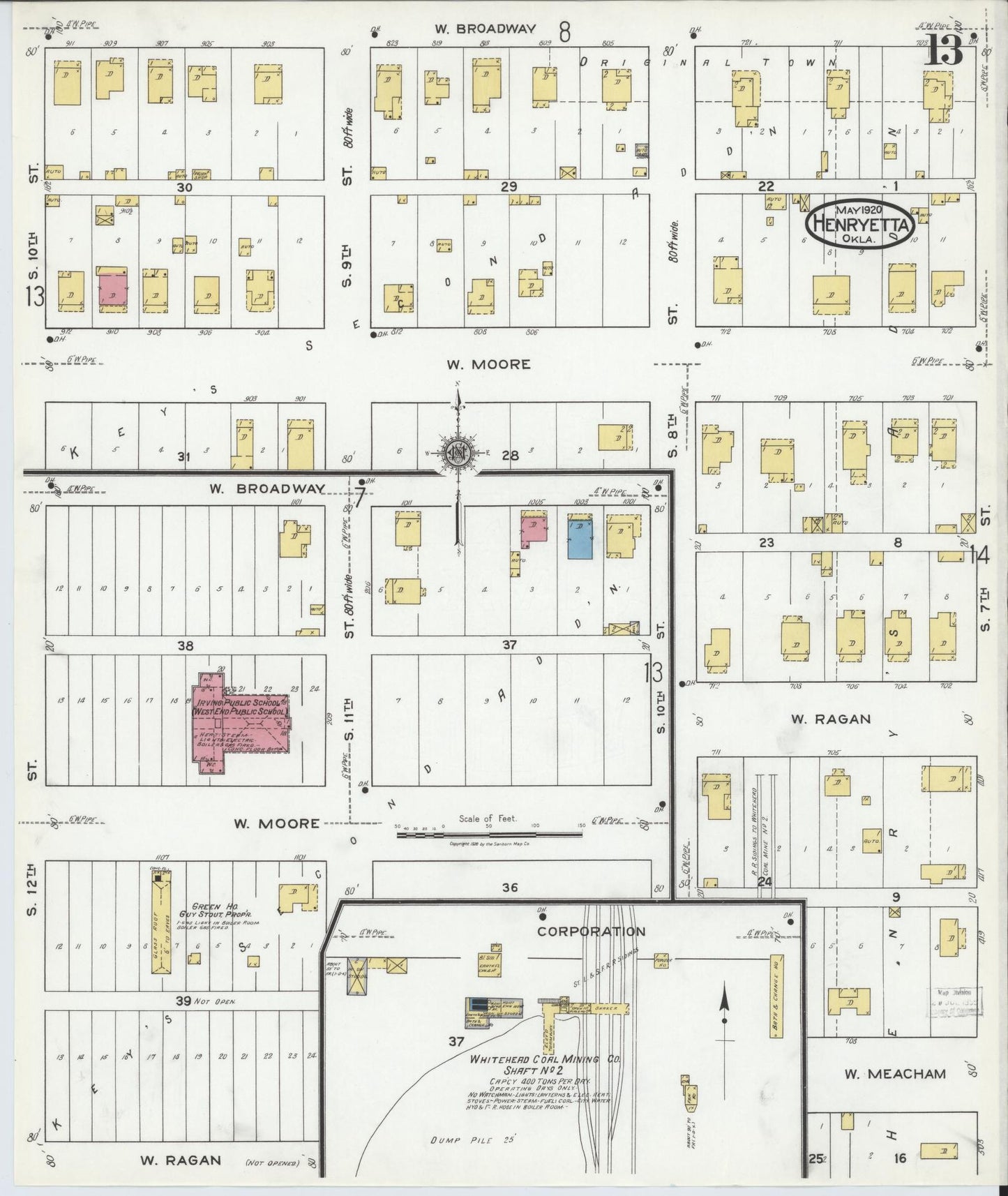 Sanborn Fire Insurance Map from Henryetta, Okmulgee County, Oklahoma (1920), Sheet #0013 - Historic Sanborn Fire Insurance Map Print, vintage old map wall art, antique decor, genealogy gift, Oklahoma Oklahoma map