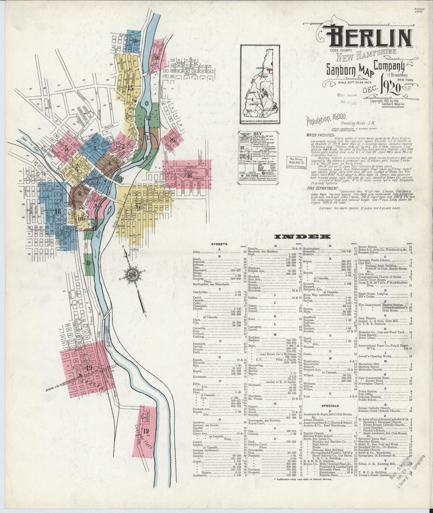 Sanborn Fire Insurance Map from Berlin, Coos County, New Hampshire. (1920) – Historic Sanborn Fire Insurance Map Print