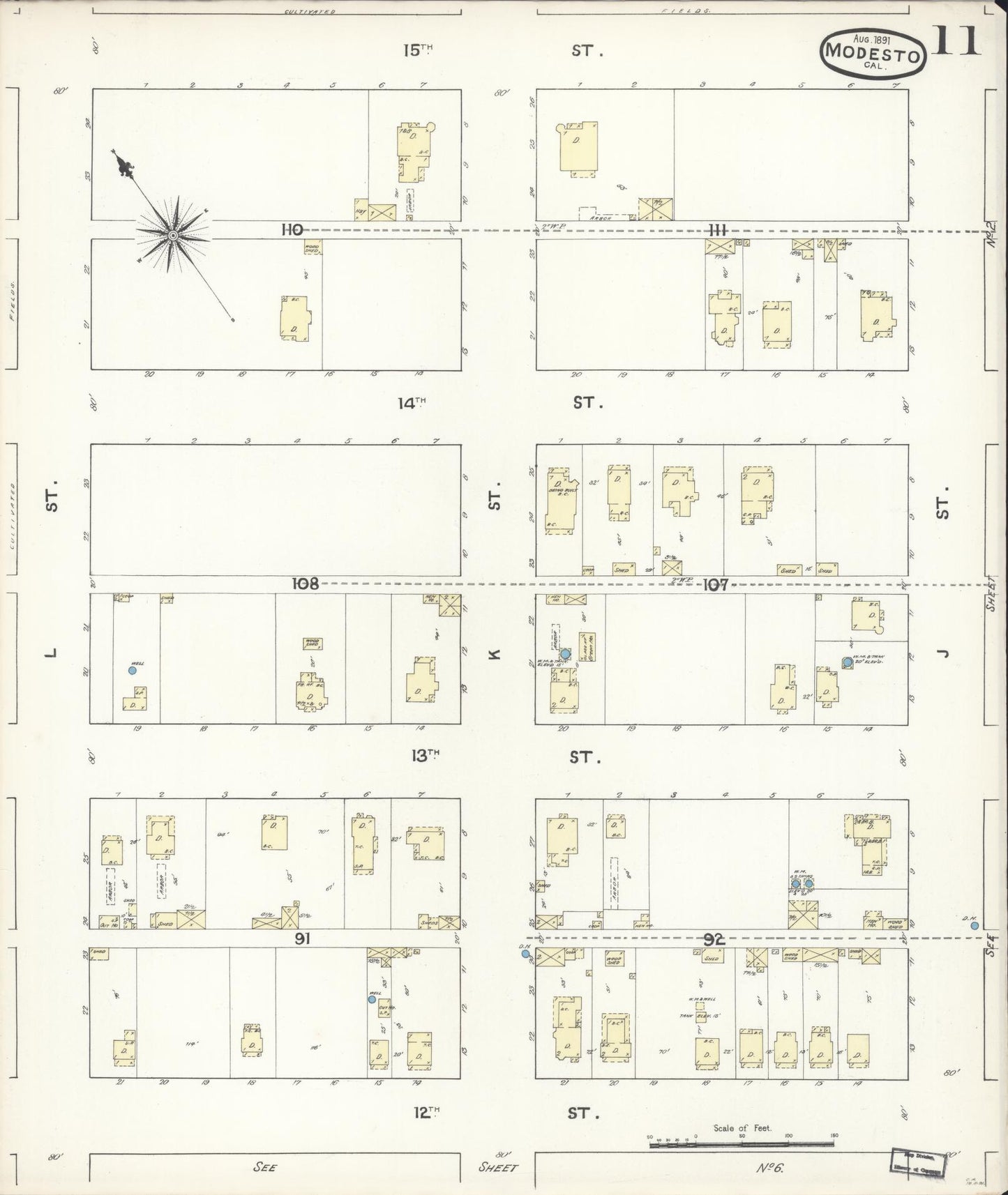 Sanborn Fire Insurance Map from Modesto, Stanislaus County, California (1891), Sheet #0011 - Historic Sanborn Fire Insurance Map Print, vintage old map wall art, antique decor, genealogy gift, California California map