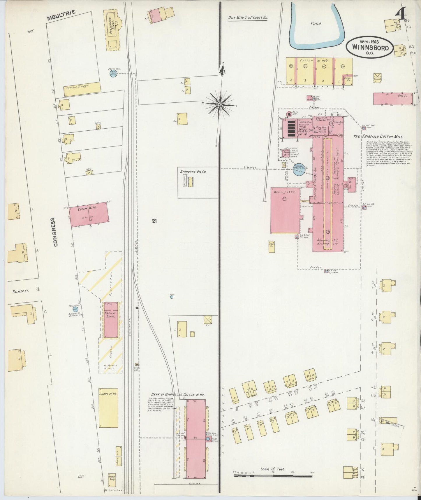 Sanborn Fire Insurance Map from Winnsboro, Fairfield County, South Carolina (1905), Sheet #0004 - Complete Map Set gallery image, historic Sanborn map, vintage wall art, South Carolina South Carolina