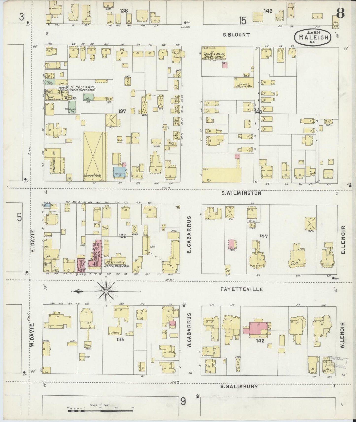 Sanborn Fire Insurance Map from Raleigh, Wake County, North Carolina (1896), Sheet #0008 - Historic Sanborn Fire Insurance Map Print, vintage old map wall art, antique decor, genealogy gift, North Carolina North Carolina map