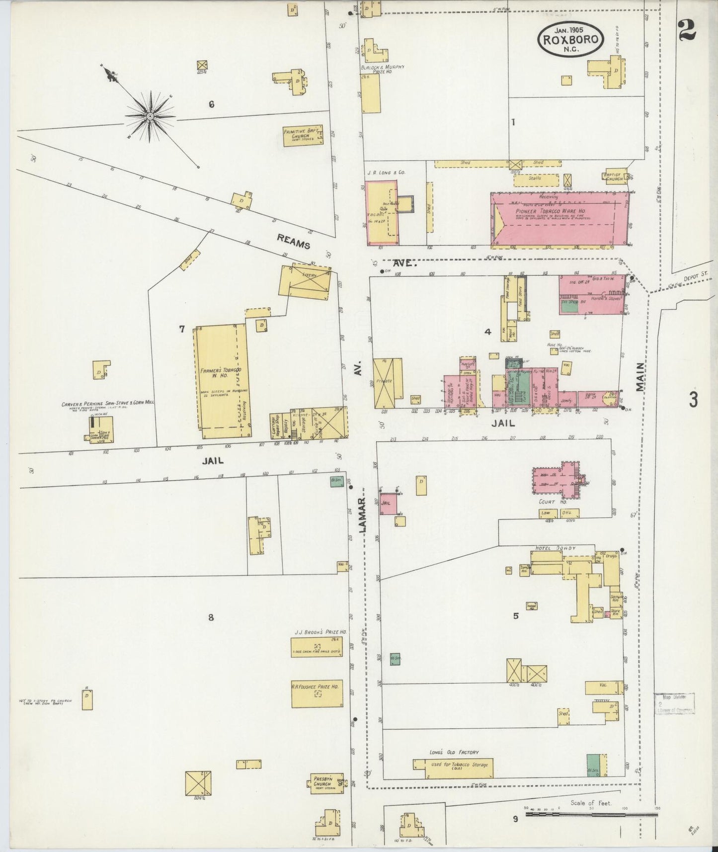 Sanborn Fire Insurance Map from Roxboro, Person County, North Carolina (1905), Sheet #0002 - Historic Sanborn Fire Insurance Map Print, vintage old map wall art, antique decor, genealogy gift, North Carolina North Carolina map