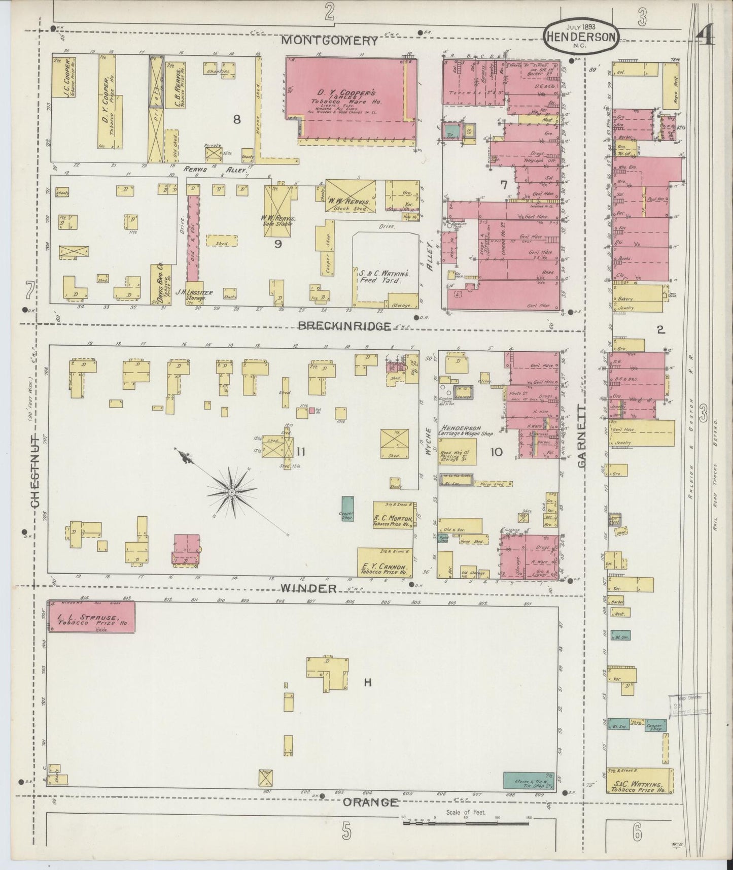 Sanborn Fire Insurance Map from Henderson, Vance County, North Carolina (1893), Sheet #0004 - Historic Sanborn Fire Insurance Map Print, vintage old map wall art, antique decor, genealogy gift, North Carolina North Carolina map