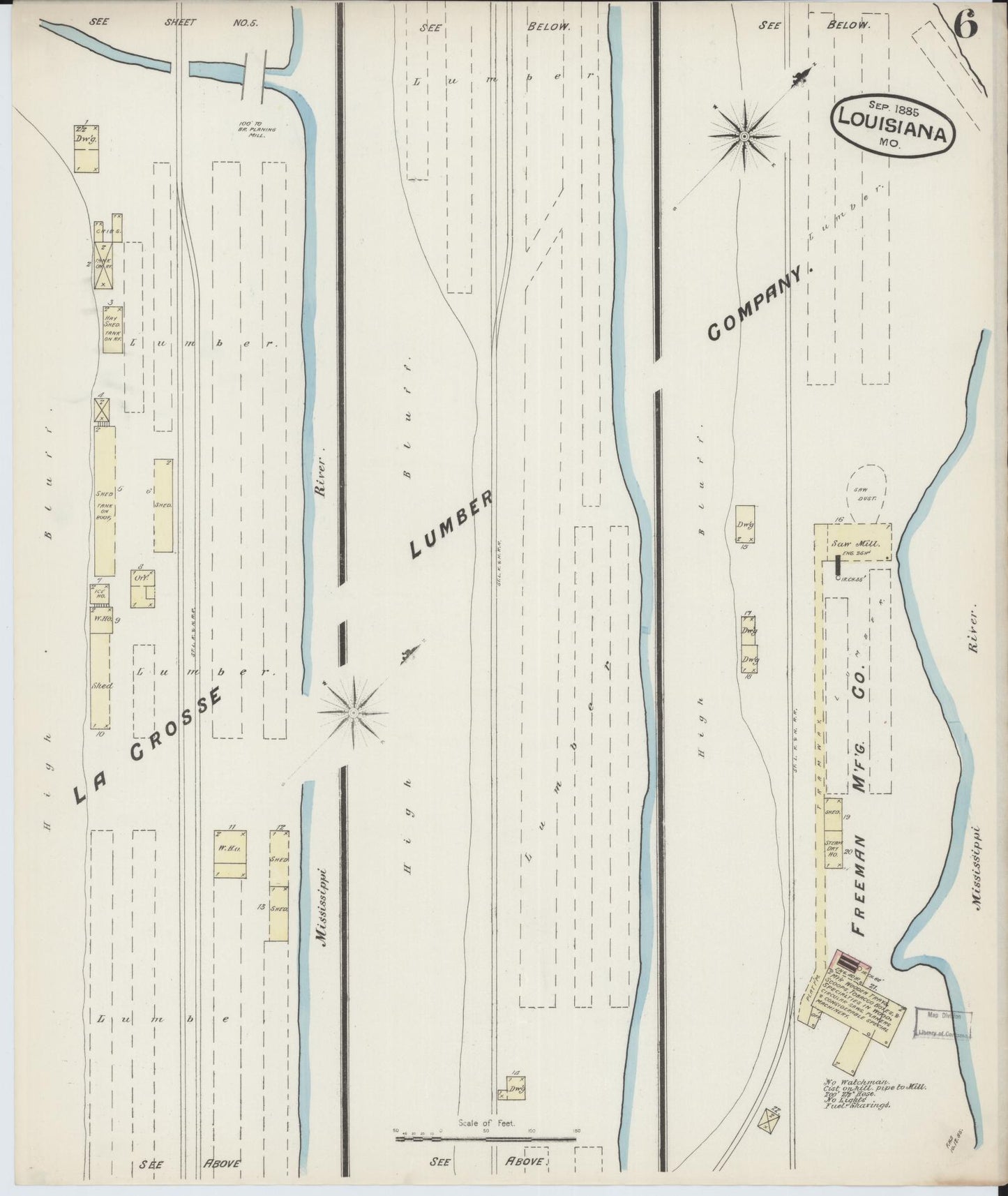 Sanborn Fire Insurance Map from Louisiana, Pike County, Missouri (1885), Sheet #0006 - Complete Map Set gallery image, historic Sanborn map, vintage wall art, Missouri Missouri