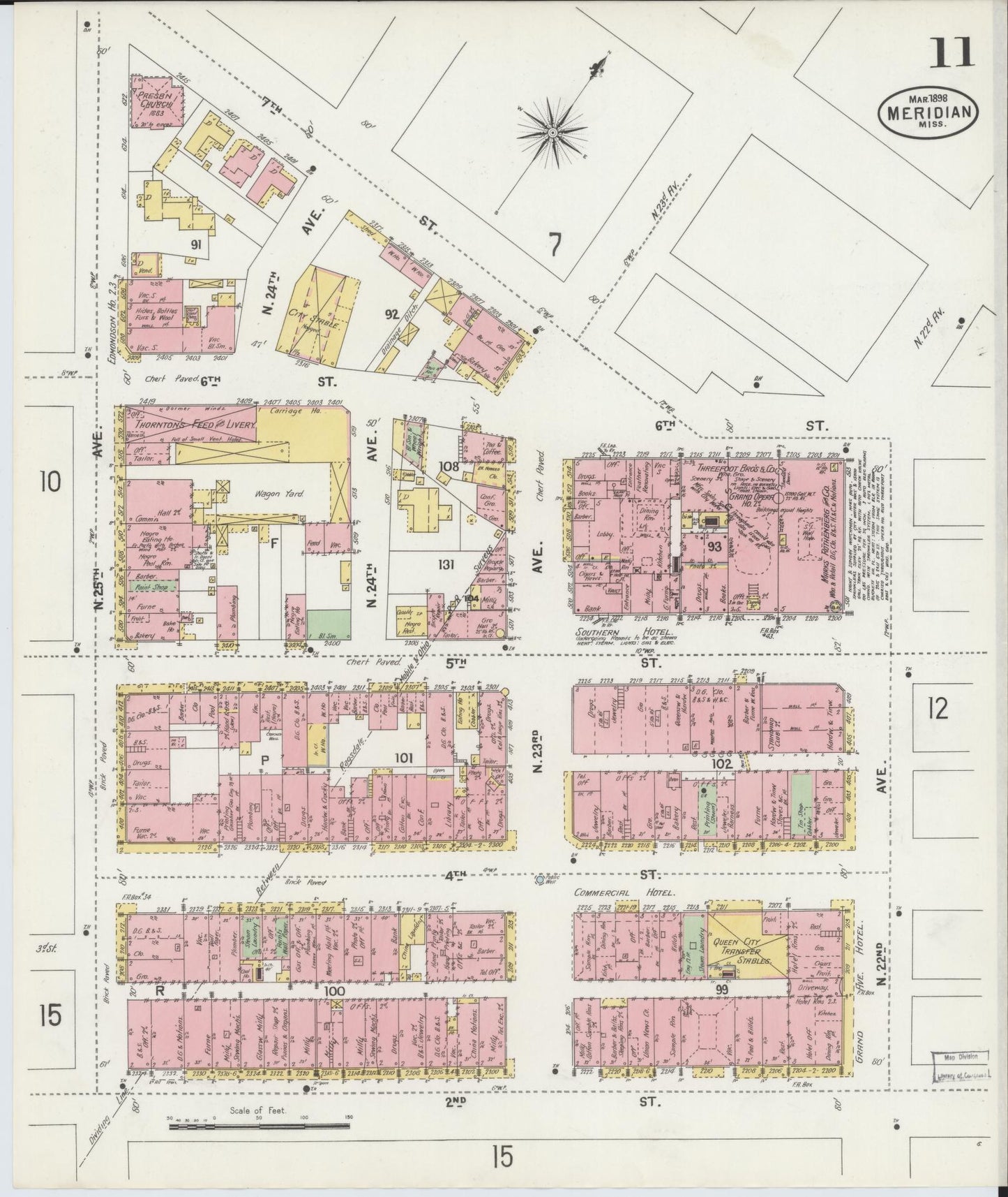 Sanborn Fire Insurance Map from Meridian, Lauderdale County, Mississippi (1898), Sheet #0011 - Historic Sanborn Fire Insurance Map Print, vintage old map wall art, antique decor, genealogy gift, Mississippi Mississippi map