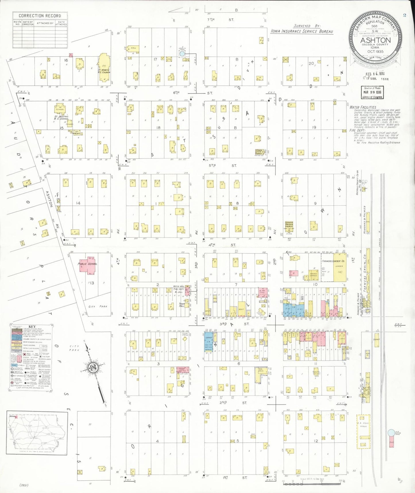 Sanborn Fire Insurance Map from Ashton, Osceola County, Iowa (1935), Sheet #0001 - Historic Sanborn Fire Insurance Map Print, vintage old map wall art