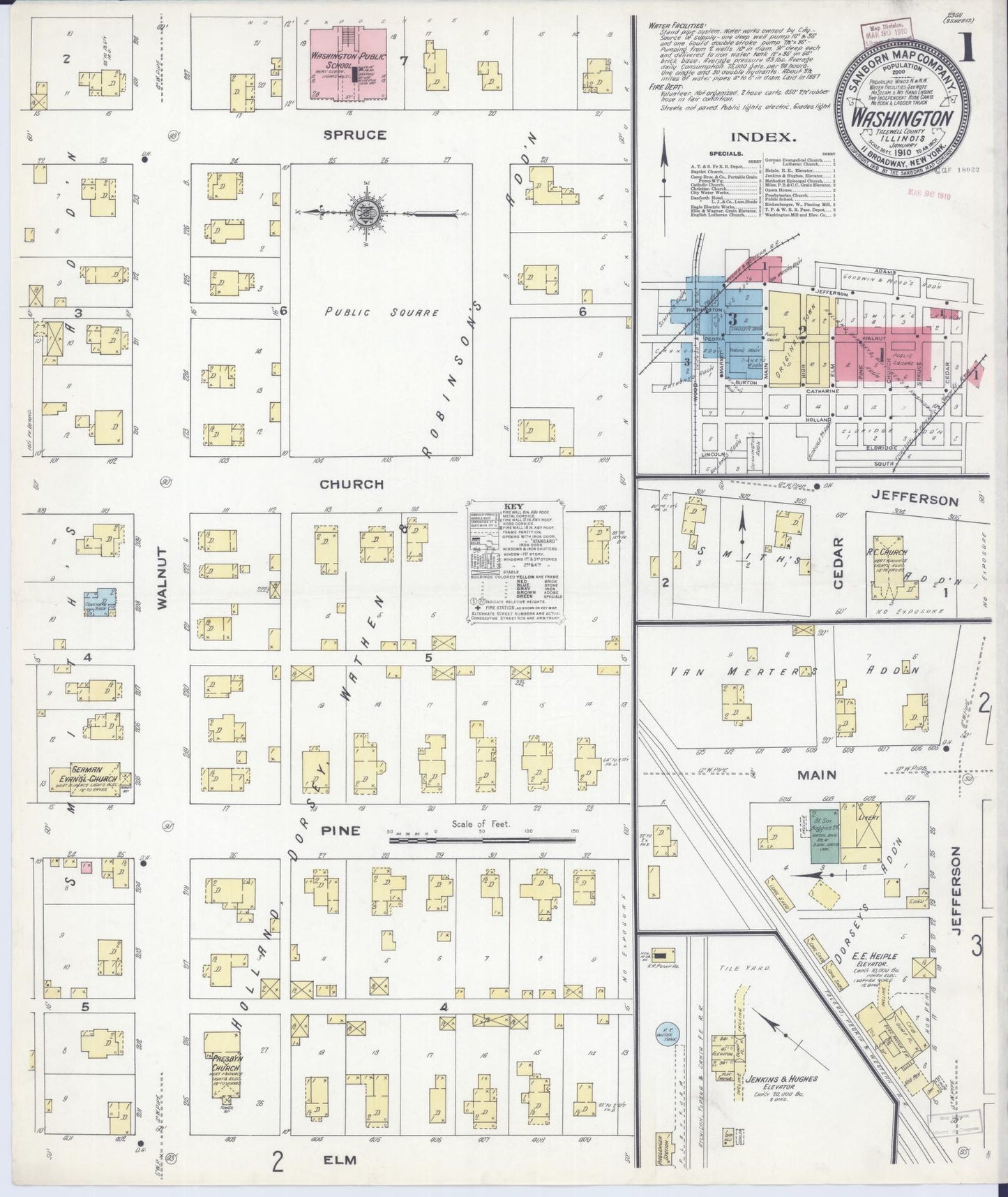Sanborn Fire Insurance Map from Washington, Tazewell County, Illinois (1910), Sheet #0001 - Historic Sanborn Fire Insurance Map Print, vintage old map wall art, antique decor, genealogy gift, Washington Washington map