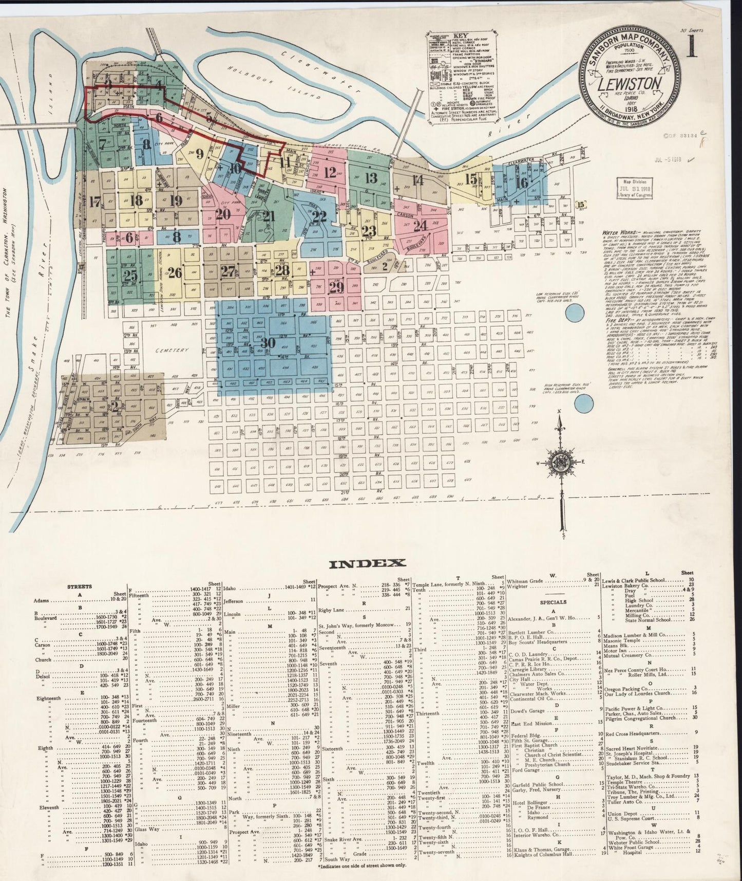 Sanborn Fire Insurance Map from Lewiston, Nez Perce County, Idaho (1918), Sheet #0001 - Historic Sanborn Fire Insurance Map Print, vintage old map wall art, antique decor, genealogy gift, Idaho Idaho map
