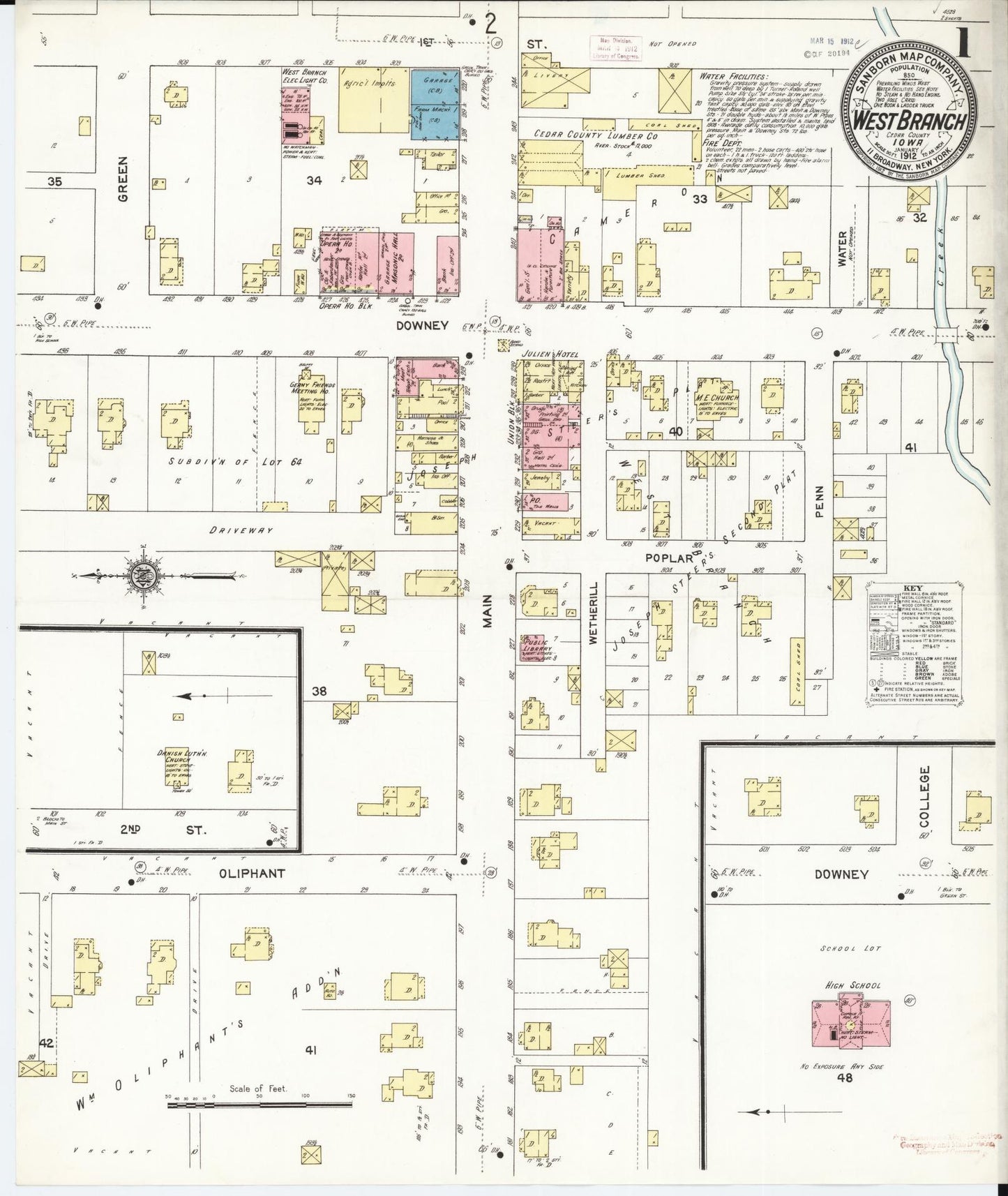 Sanborn Fire Insurance Map from West Branch, Cedar County, Iowa (1912), Sheet #0001 - Historic Sanborn Fire Insurance Map Print