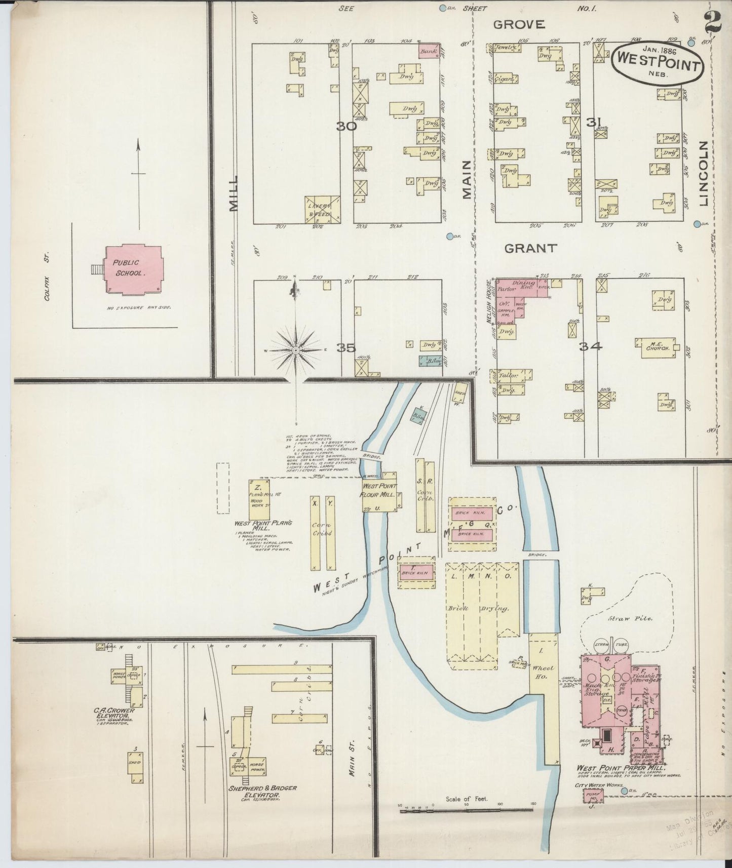 Sanborn Fire Insurance Map from West Point, Cuming County, Nebraska (1886), Sheet #0002 - Historic Sanborn Fire Insurance Map Print, vintage old map wall art, antique decor, genealogy gift, Nebraska Nebraska map