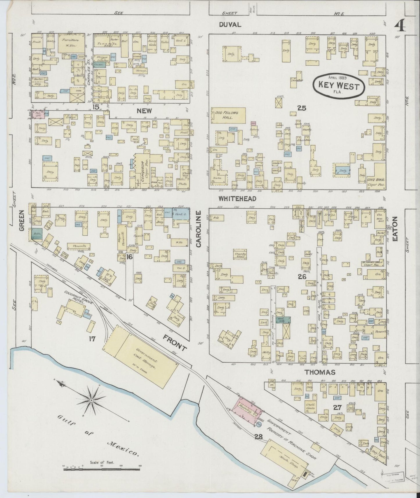 Sanborn Fire Insurance Map from Key West, Monroe County, Florida (1889), Sheet #0004 - Historic Sanborn Fire Insurance Map Print, vintage old map wall art, antique decor, genealogy gift, Florida Florida map