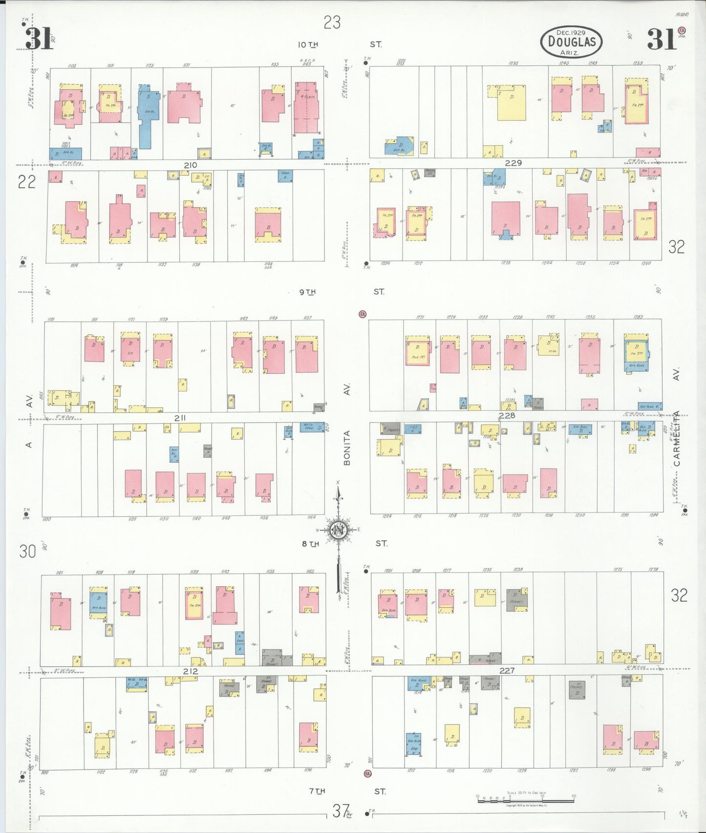 Sanborn Fire Insurance Map from Douglas, Cochise County, Arizona (1929), Sheet #0031 - Historic Sanborn Fire Insurance Map Print, vintage old map wall art, antique decor, genealogy gift, Arizona Arizona map