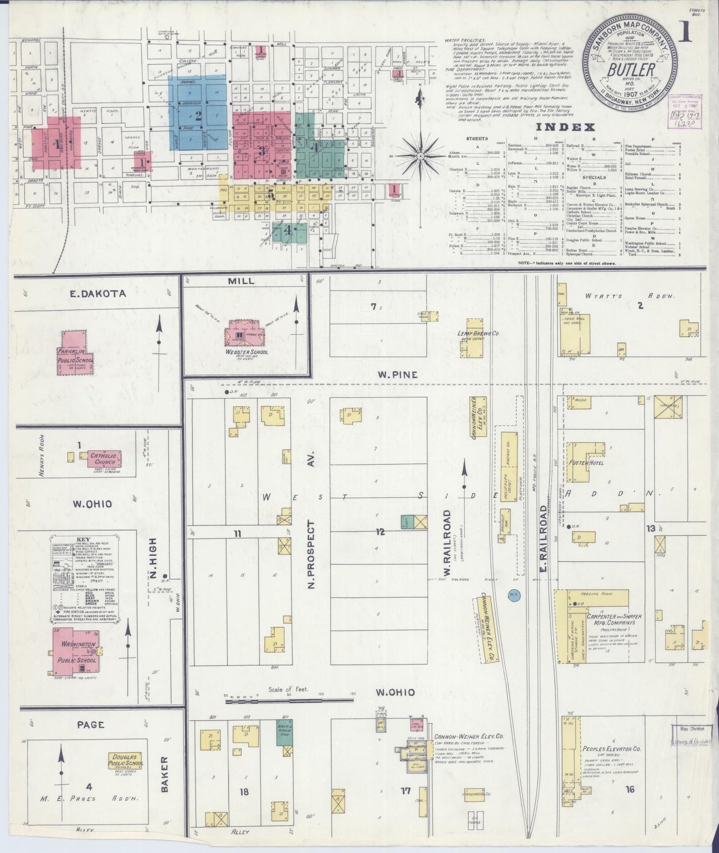 Sanborn Fire Insurance Map from Butler, Bates County, Missouri (1907), Sheet #0001 - Historic Sanborn Fire Insurance Map Print, vintage old map wall art, antique decor, genealogy gift, Missouri Missouri map