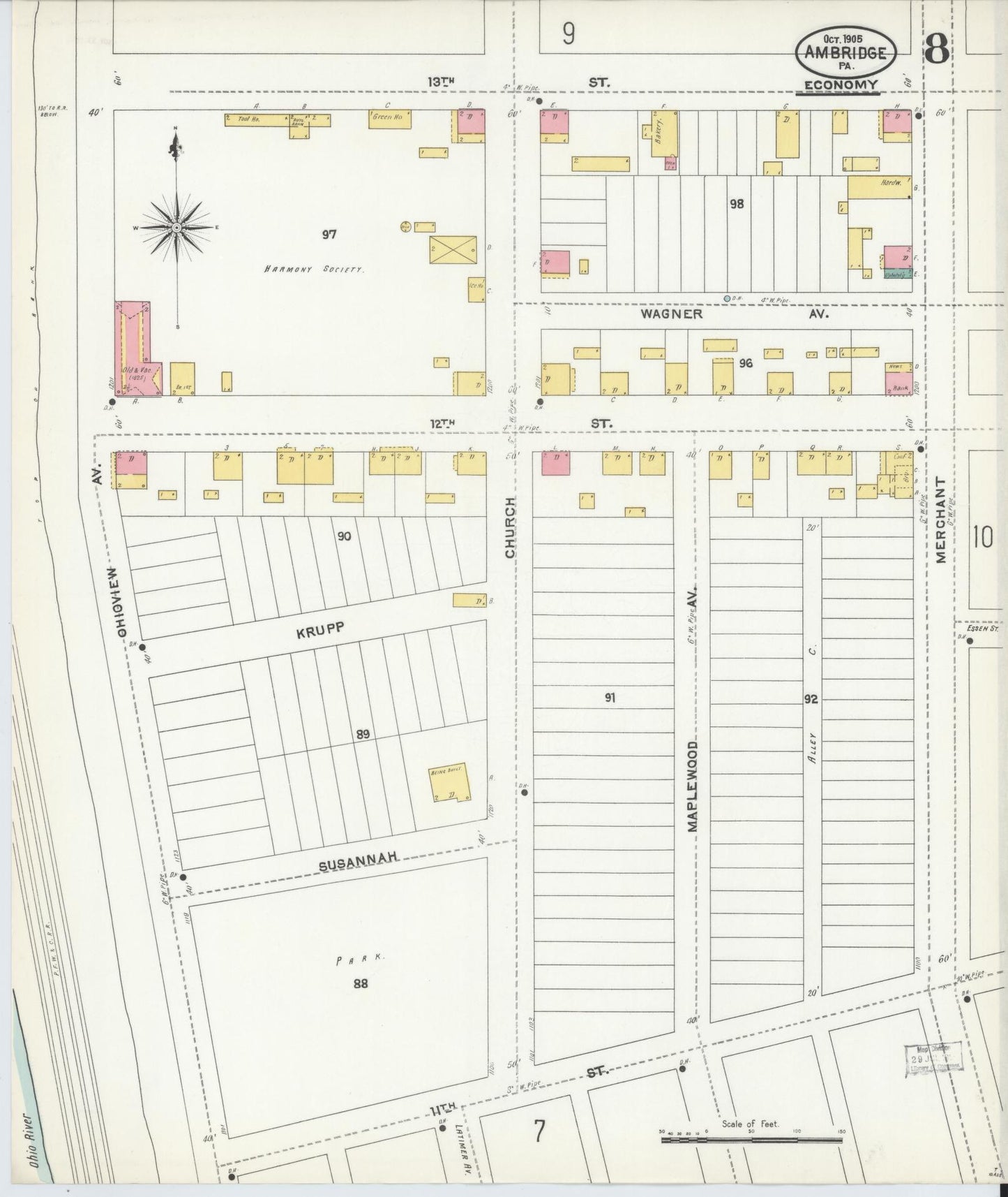 Sanborn Fire Insurance Map from Ambridge, Beaver County, Pennsylvania (1905), Sheet #0008 - Historic Sanborn Fire Insurance Map Print, vintage old map wall art, antique decor, genealogy gift, Pennsylvania Pennsylvania map