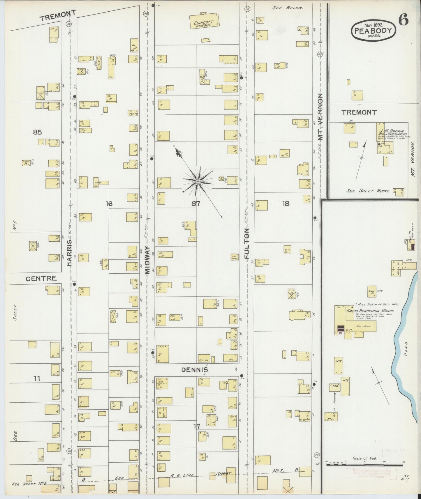 Sanborn Fire Insurance Map from Peabody, Essex County, Massachusetts (1892), Sheet #0006 - Historic Sanborn Fire Insurance Map Print, vintage old map wall art, antique decor, genealogy gift, Massachusetts Massachusetts map