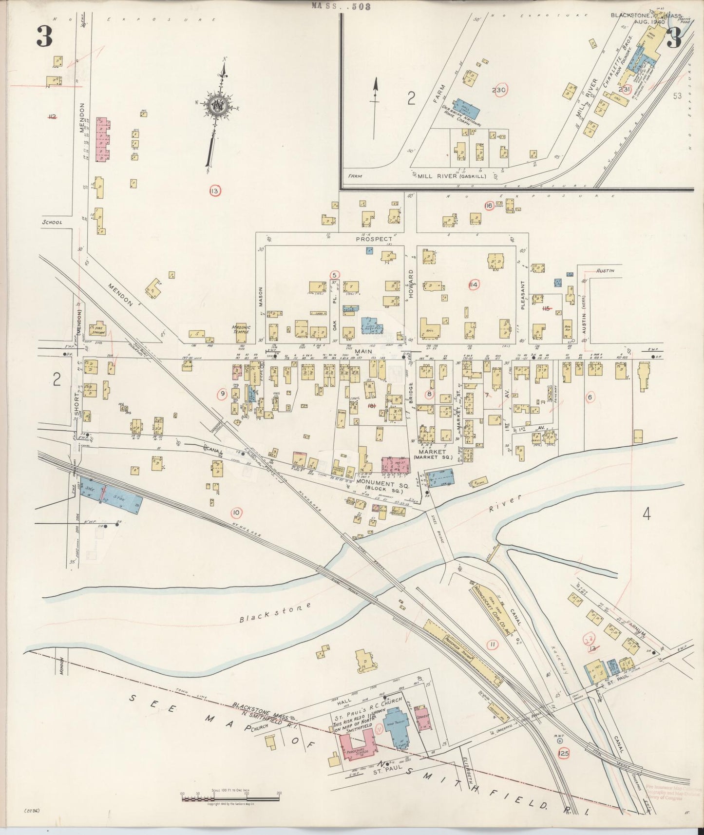 Sanborn Fire Insurance Map from Blackstone, Worcester County, Massachusetts (1948), Sheet #0003 - Historic Sanborn Fire Insurance Map Print, vintage old map wall art, antique decor, genealogy gift, Massachusetts Massachusetts map