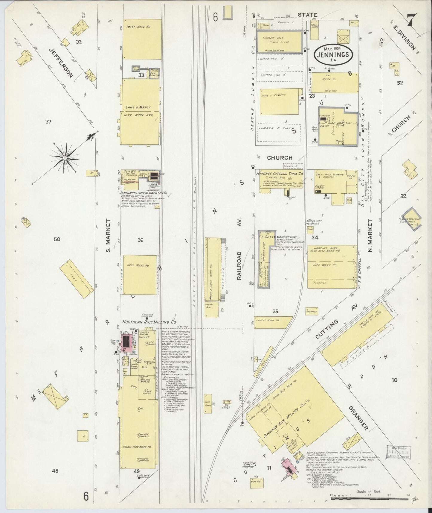 Sanborn Fire Insurance Map from Jennings, Jefferson Davis Parish, Louisiana (1909), Sheet #0007 - Complete Map Set gallery image, historic Sanborn map, vintage wall art, Louisiana Louisiana