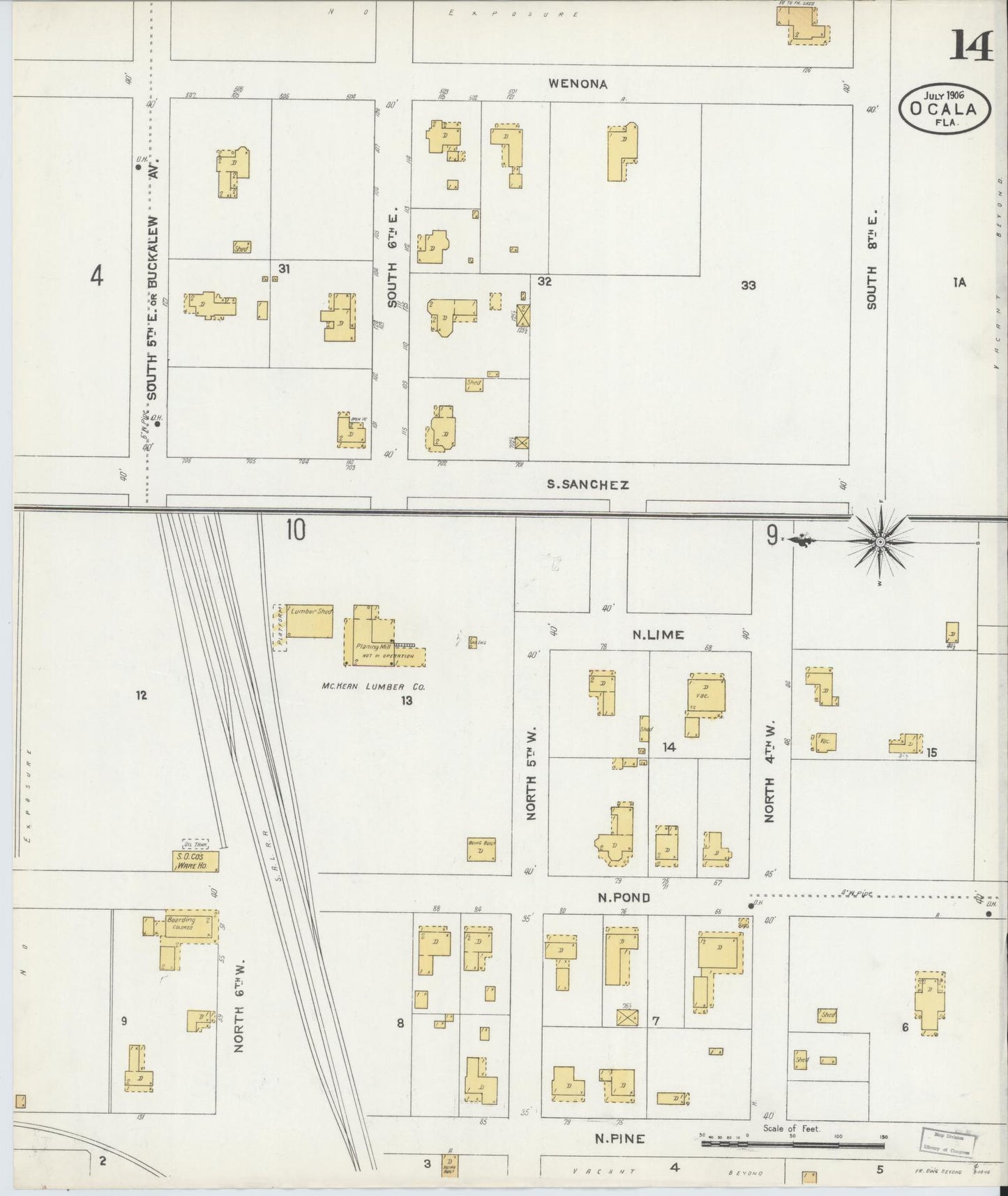 Sanborn Fire Insurance Map from Ocala, Marion County, Florida (1906), Sheet #0014 - Complete Map Set gallery image, historic Sanborn map, vintage wall art, Florida Florida