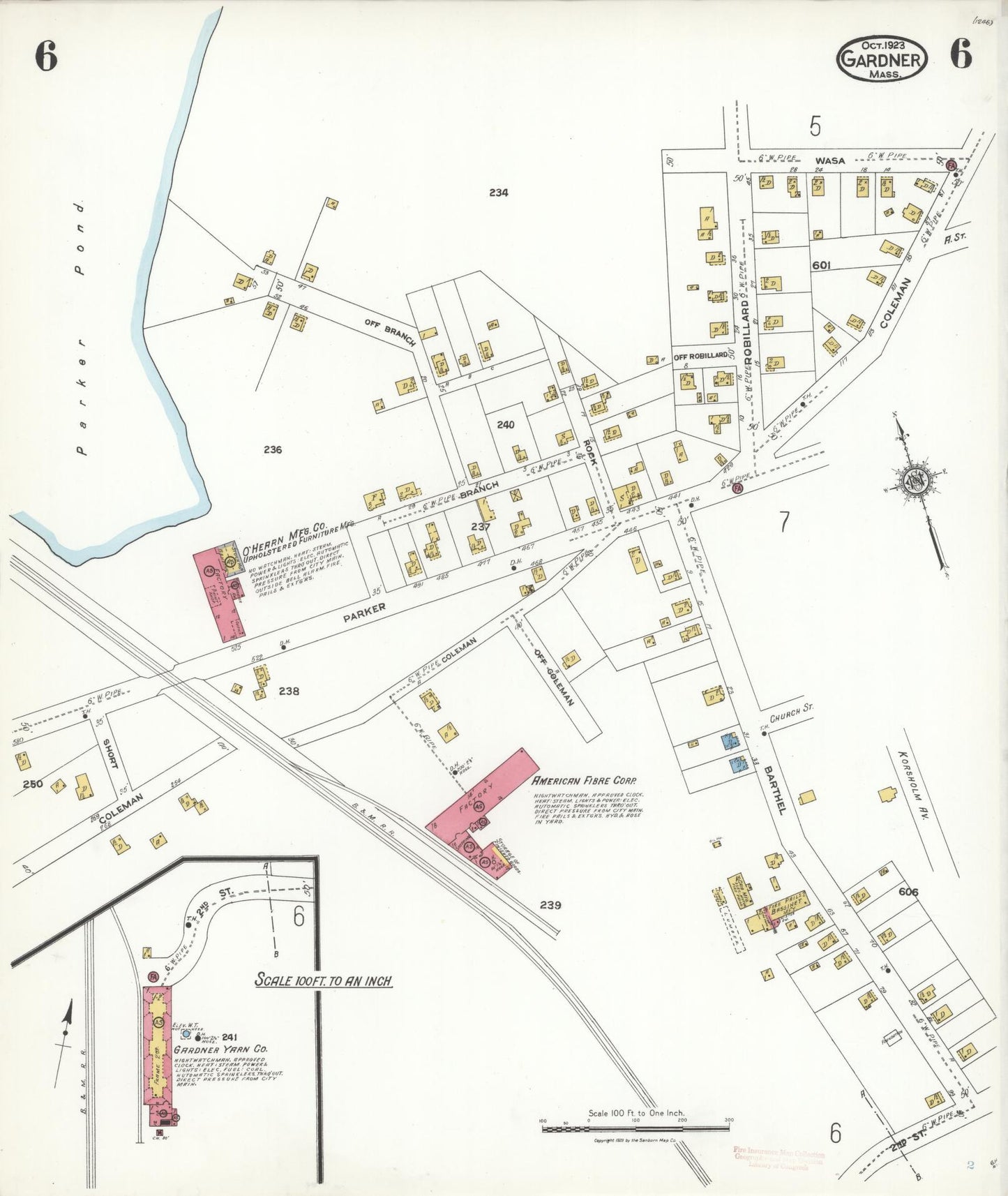 Sanborn Fire Insurance Map from Gardner, Worcester County, Massachusetts (1923), Sheet #0006 - Historic Sanborn Fire Insurance Map Print, vintage old map wall art, antique decor, genealogy gift, Massachusetts Massachusetts map