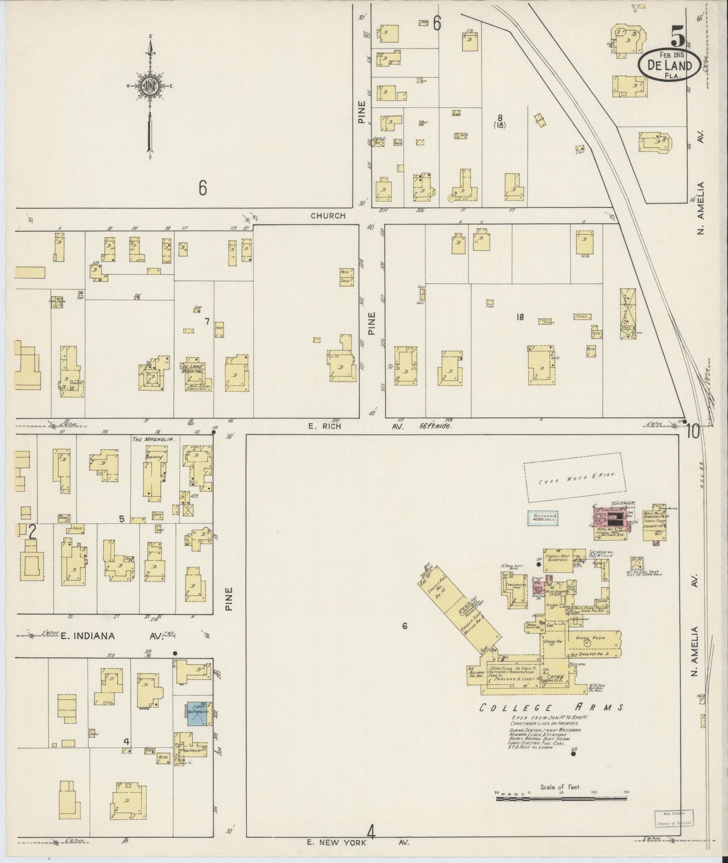 Sanborn Fire Insurance Map from De Land, Volusia County, Florida (1915), Sheet #0005 - Historic Sanborn Fire Insurance Map Print, vintage old map wall art, antique decor, genealogy gift, Florida Florida map
