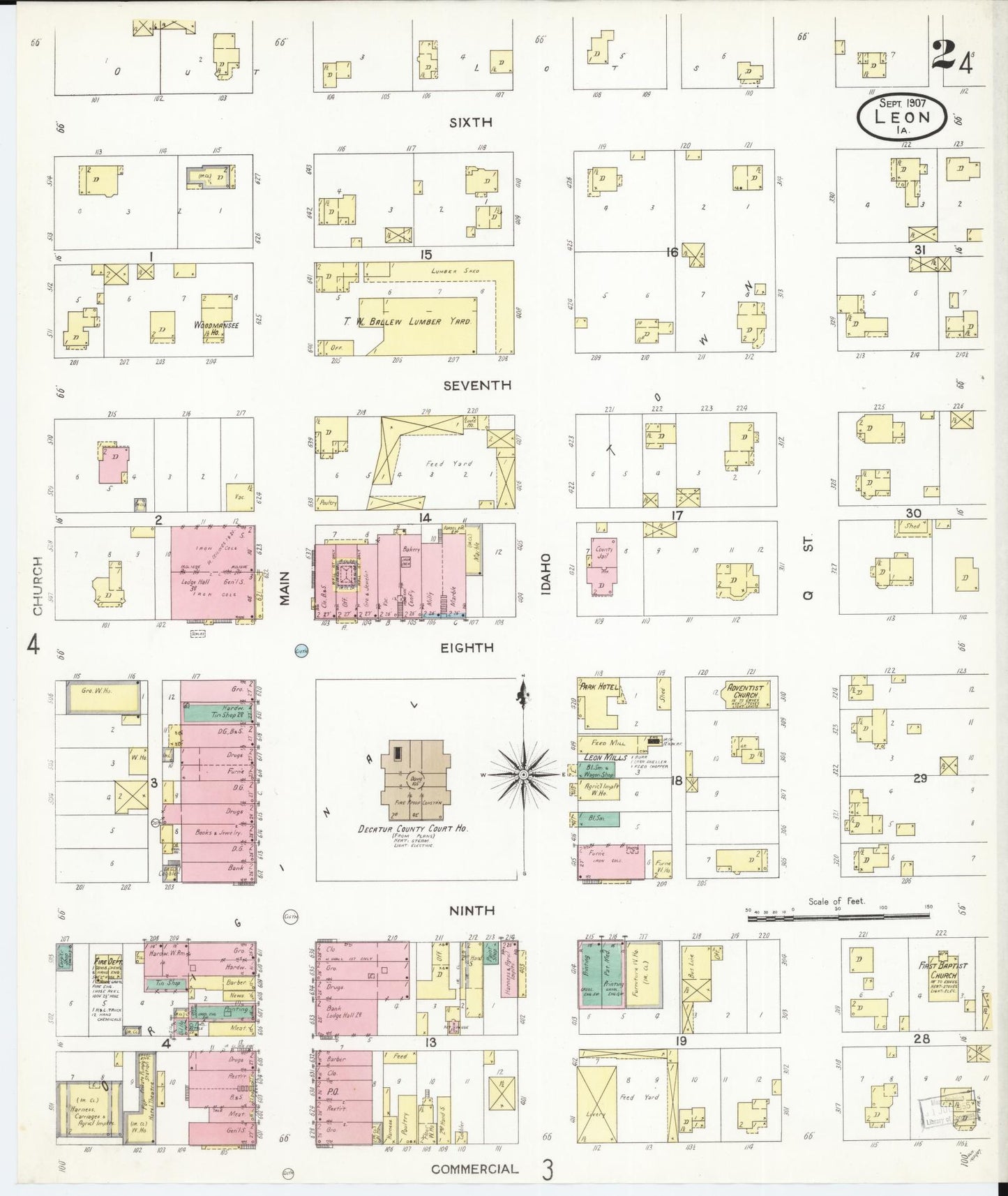 Sanborn Fire Insurance Map from Leon, Decatur County, Iowa (1907), Sheet #0002 - Historic Sanborn Fire Insurance Map Print, vintage old map wall art
