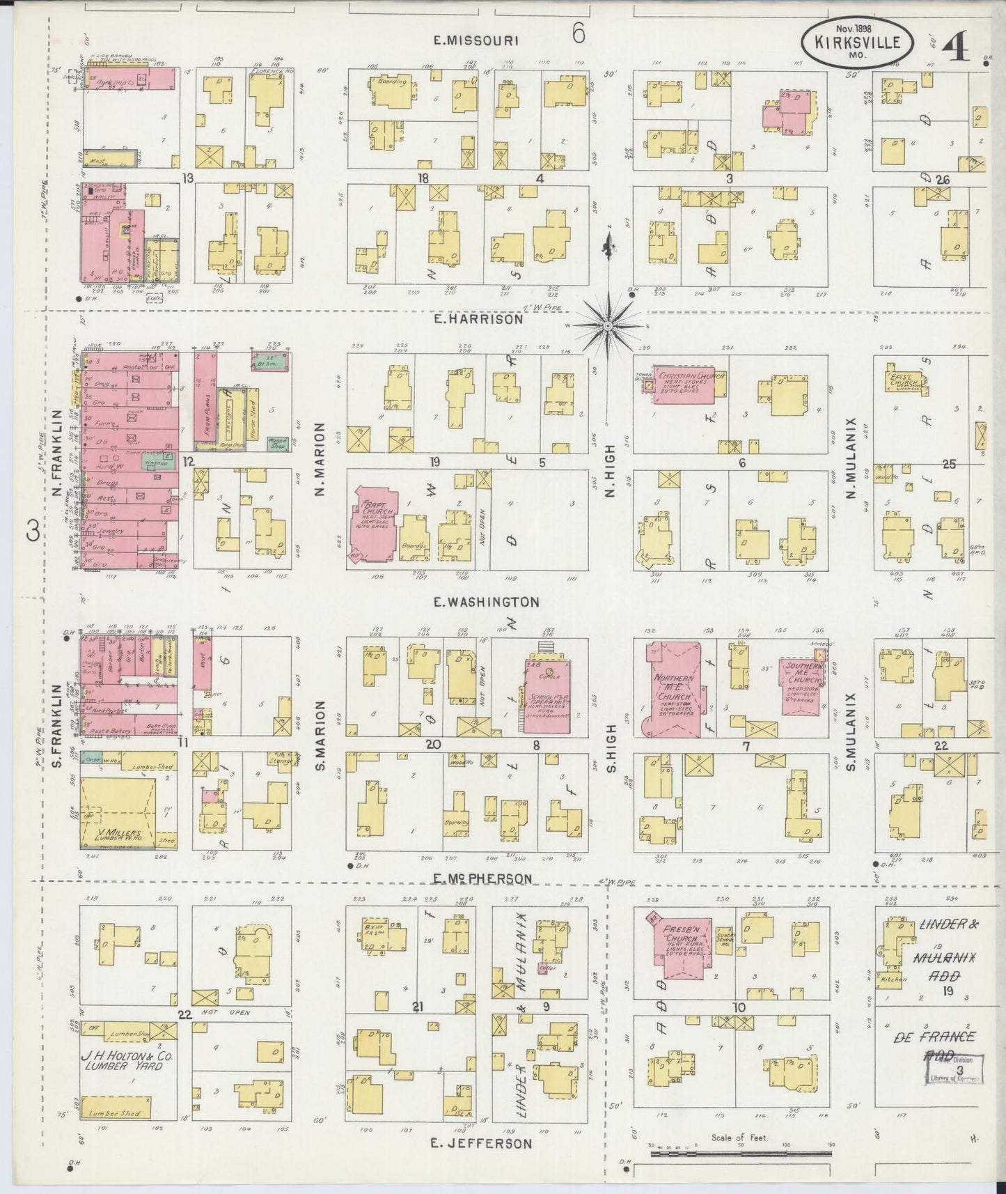 Sanborn Fire Insurance Map from Kirksville, Adair County, Missouri (1898), Sheet #0004 - Historic Sanborn Fire Insurance Map Print, vintage old map wall art, antique decor, genealogy gift, Missouri Missouri map