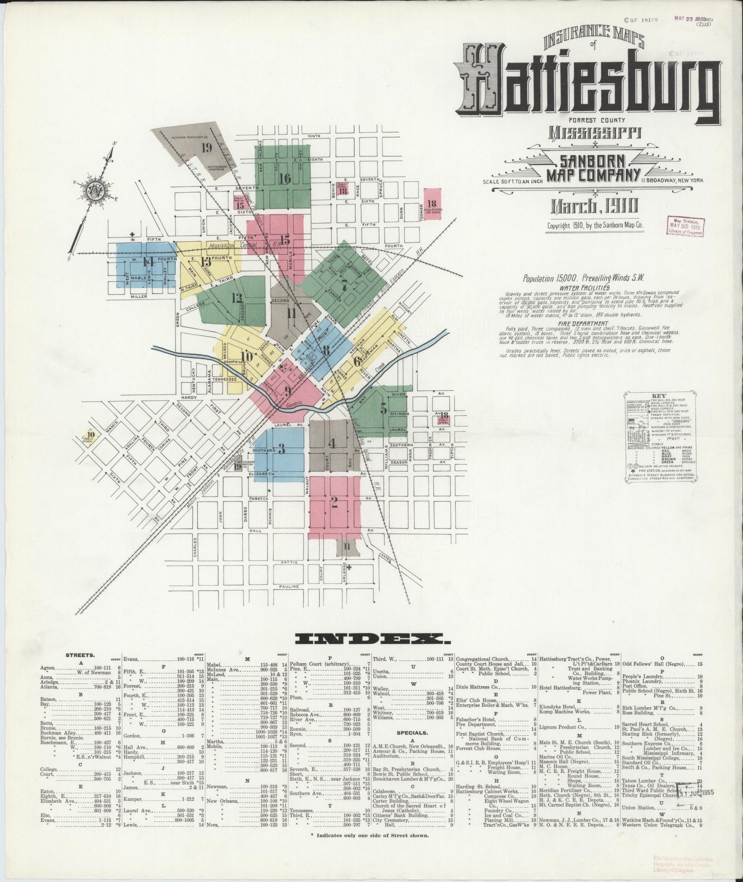 Sanborn Fire Insurance Map from Hattiesburg, Forrest County, Mississippi (1910), Sheet #0001 - Historic Sanborn Fire Insurance Map Print, vintage old map wall art, antique decor, genealogy gift, Mississippi Mississippi map