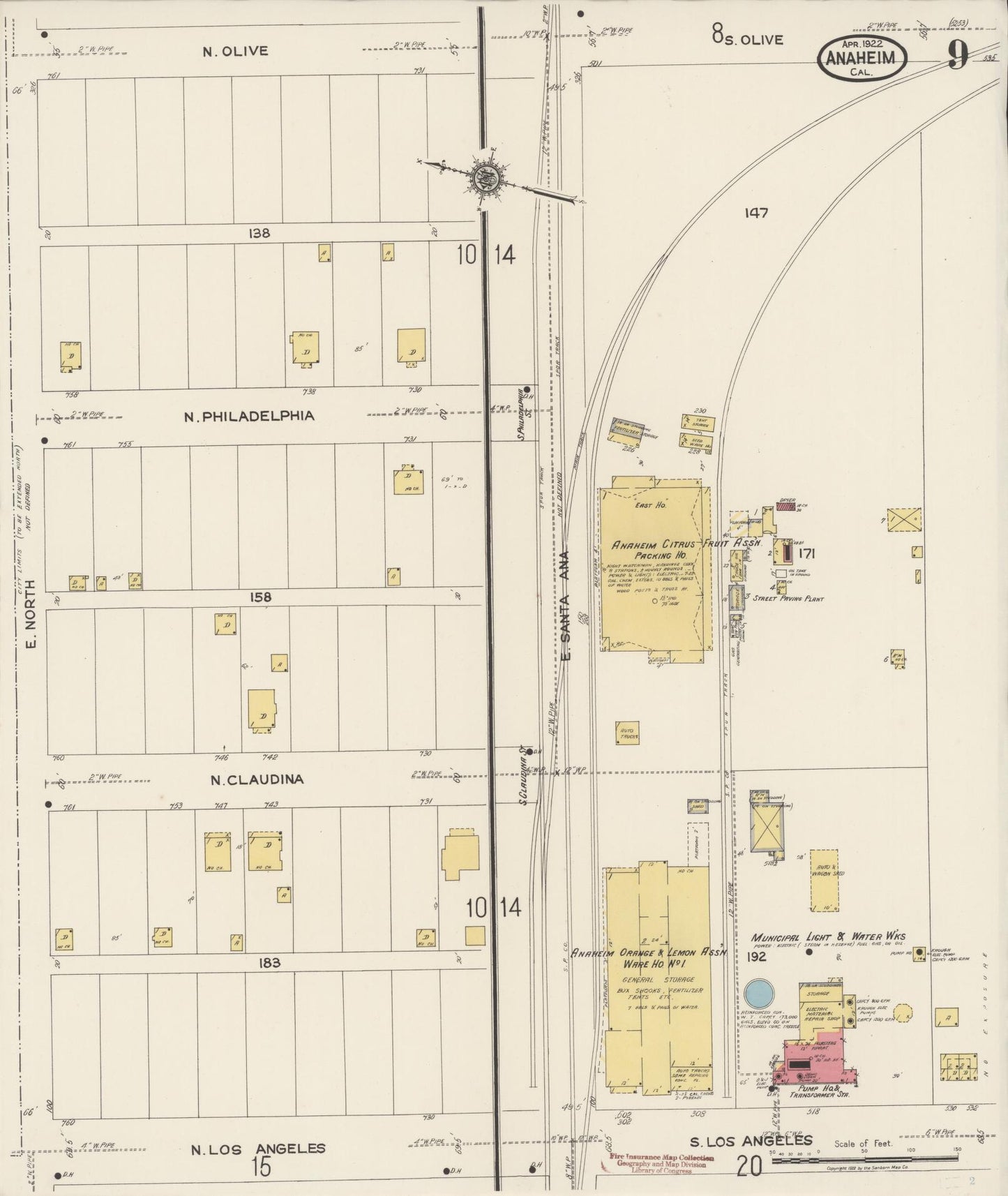 Sanborn Fire Insurance Map from Anaheim, Orange County, California (1922), Sheet #0009 - Historic Sanborn Fire Insurance Map Print, vintage old map wall art, antique decor, genealogy gift, California California map