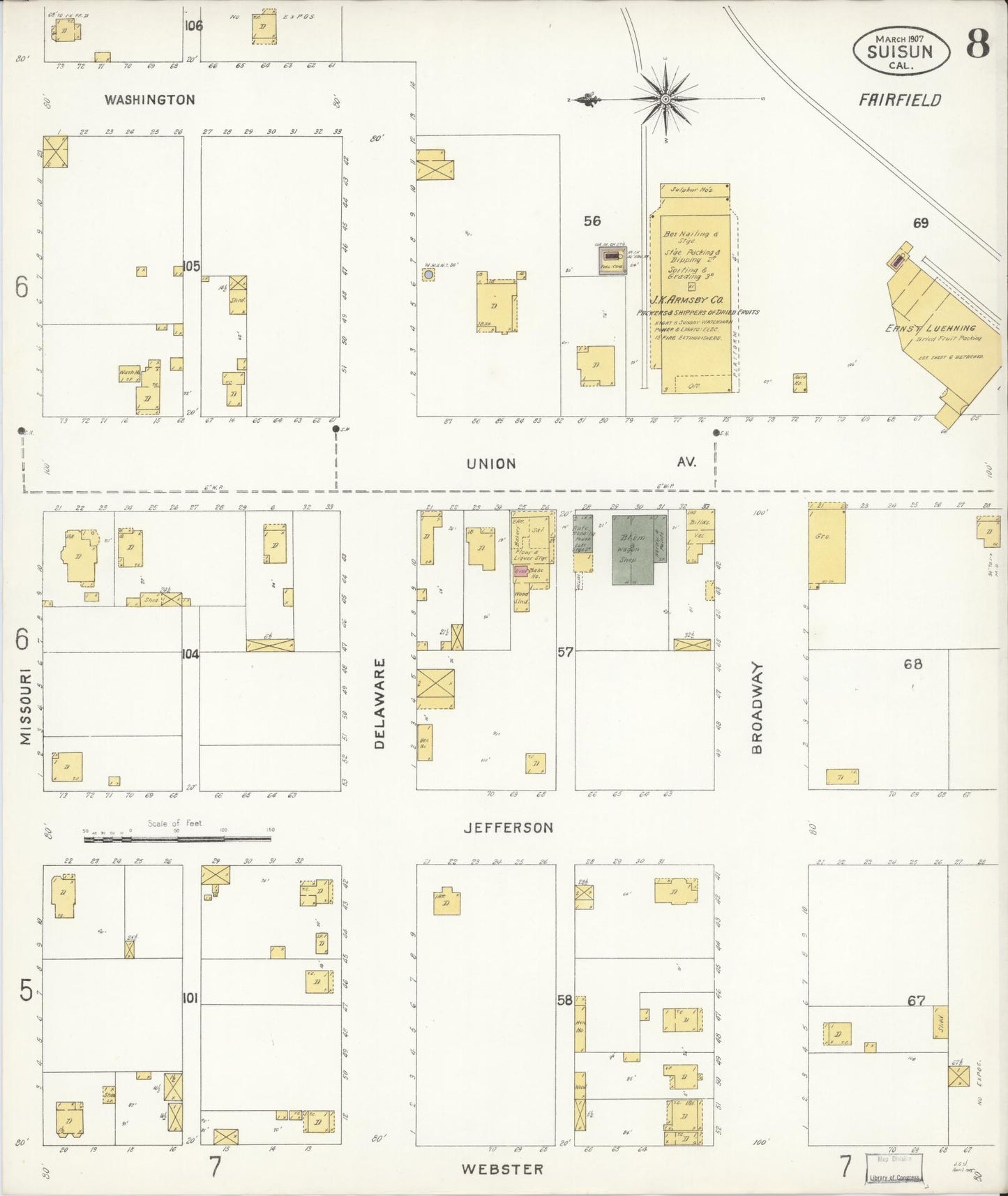 Sanborn Fire Insurance Map from Suisun, Solano County, California (1907), Sheet #0008 - Complete Map Set gallery image, historic Sanborn map, vintage wall art, California California