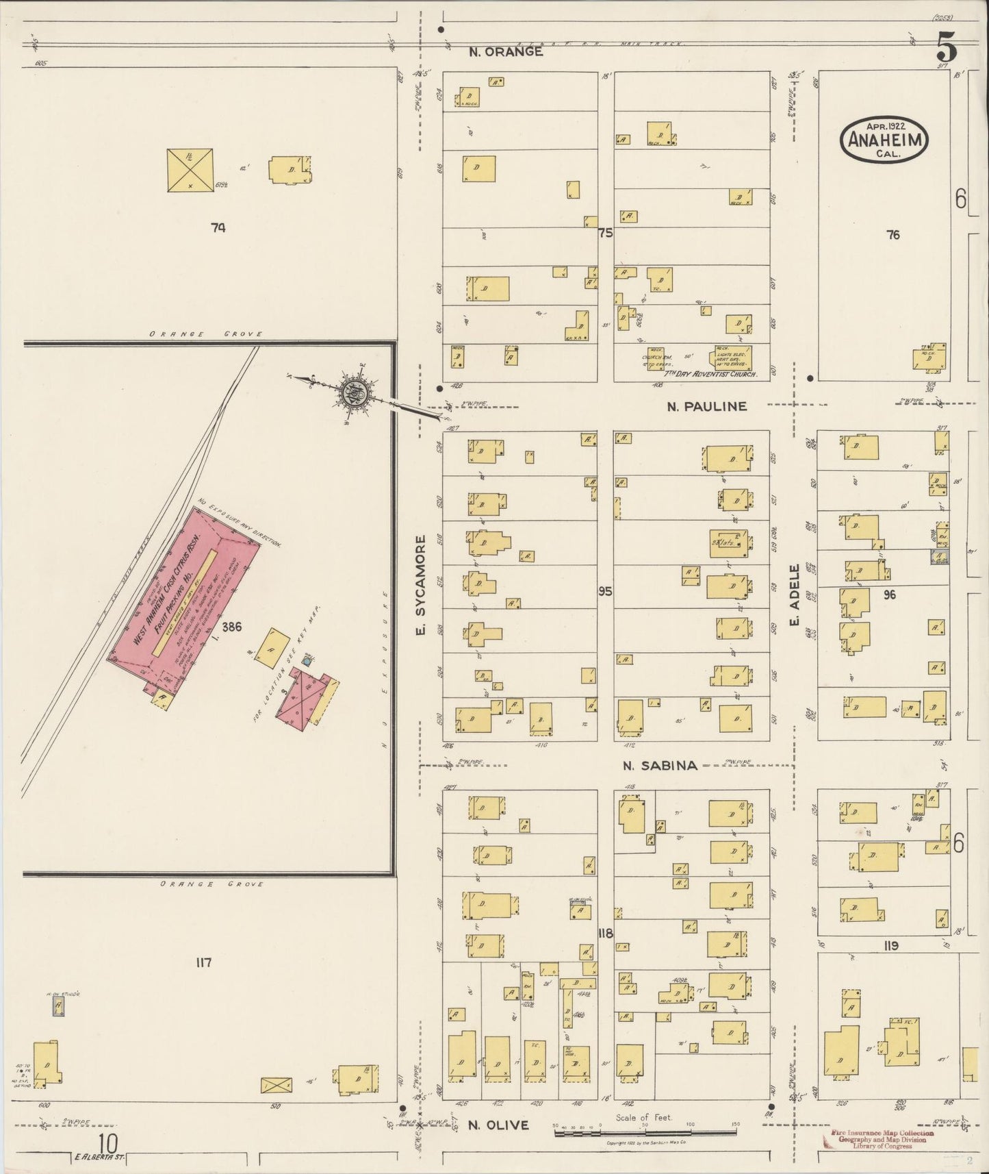 Sanborn Fire Insurance Map from Anaheim, Orange County, California (1922), Sheet #0005 - Historic Sanborn Fire Insurance Map Print, vintage old map wall art, antique decor, genealogy gift, California California map