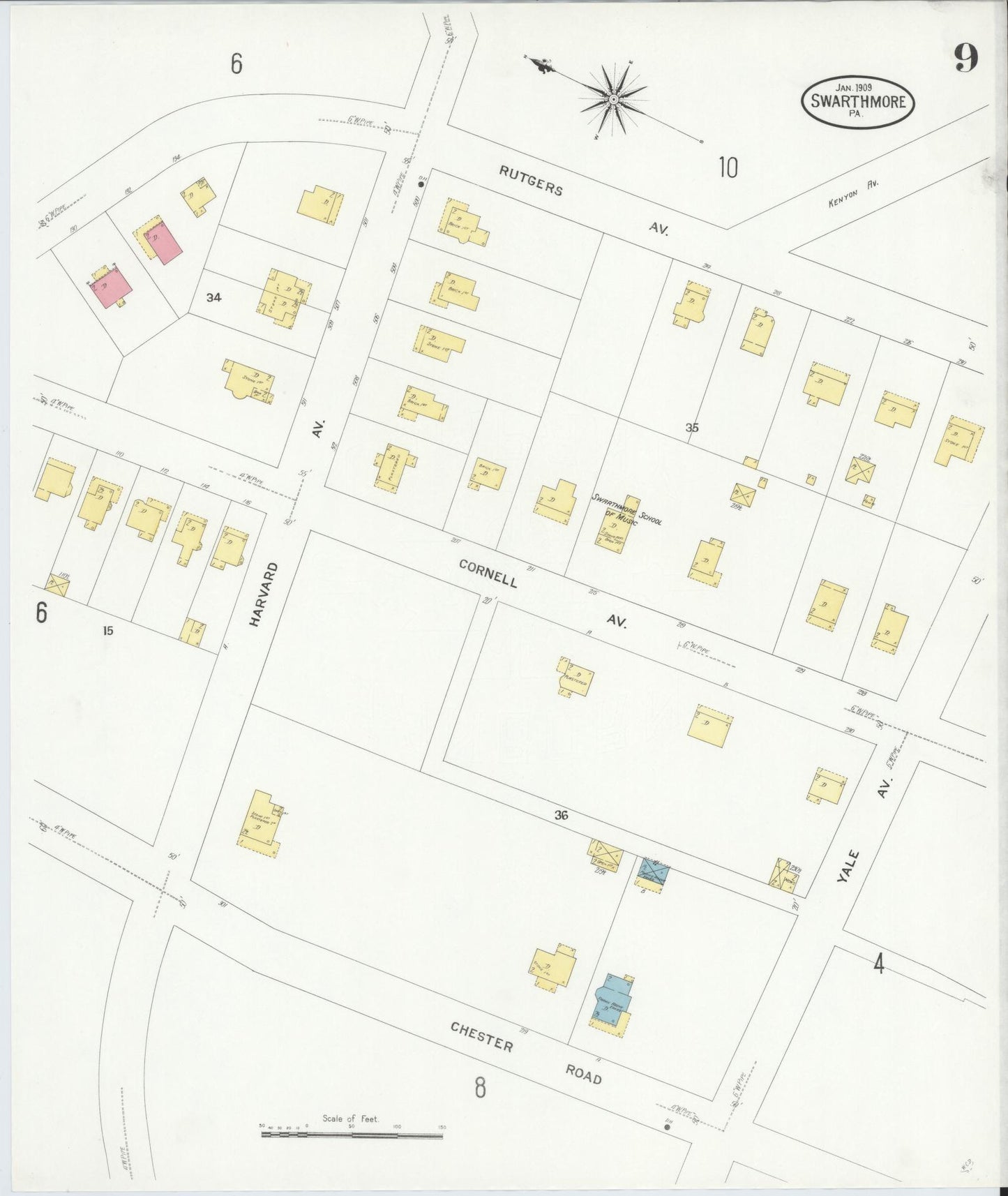 Sanborn Fire Insurance Map from Swarthmore, Delaware County, Pennsylvania (1909), Sheet #0009 - Historic Sanborn Fire Insurance Map Print, vintage old map wall art, antique decor, genealogy gift, Swarthmore Delaware map