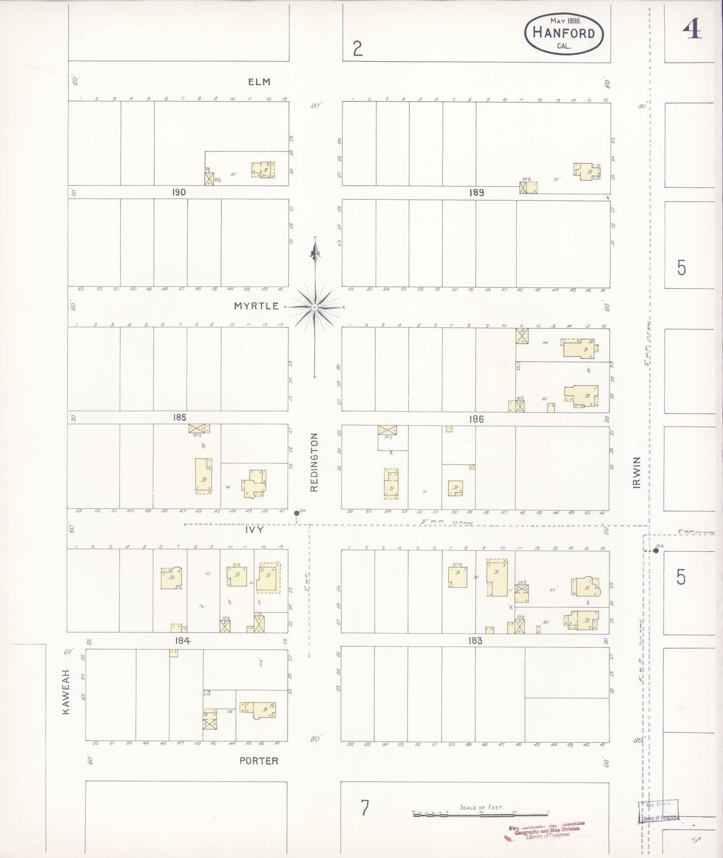 Sanborn Fire Insurance Map from Hanford, Kings County, California (1898), Sheet #0004 - Historic Sanborn Fire Insurance Map Print, vintage old map wall art, antique decor, genealogy gift, California California map