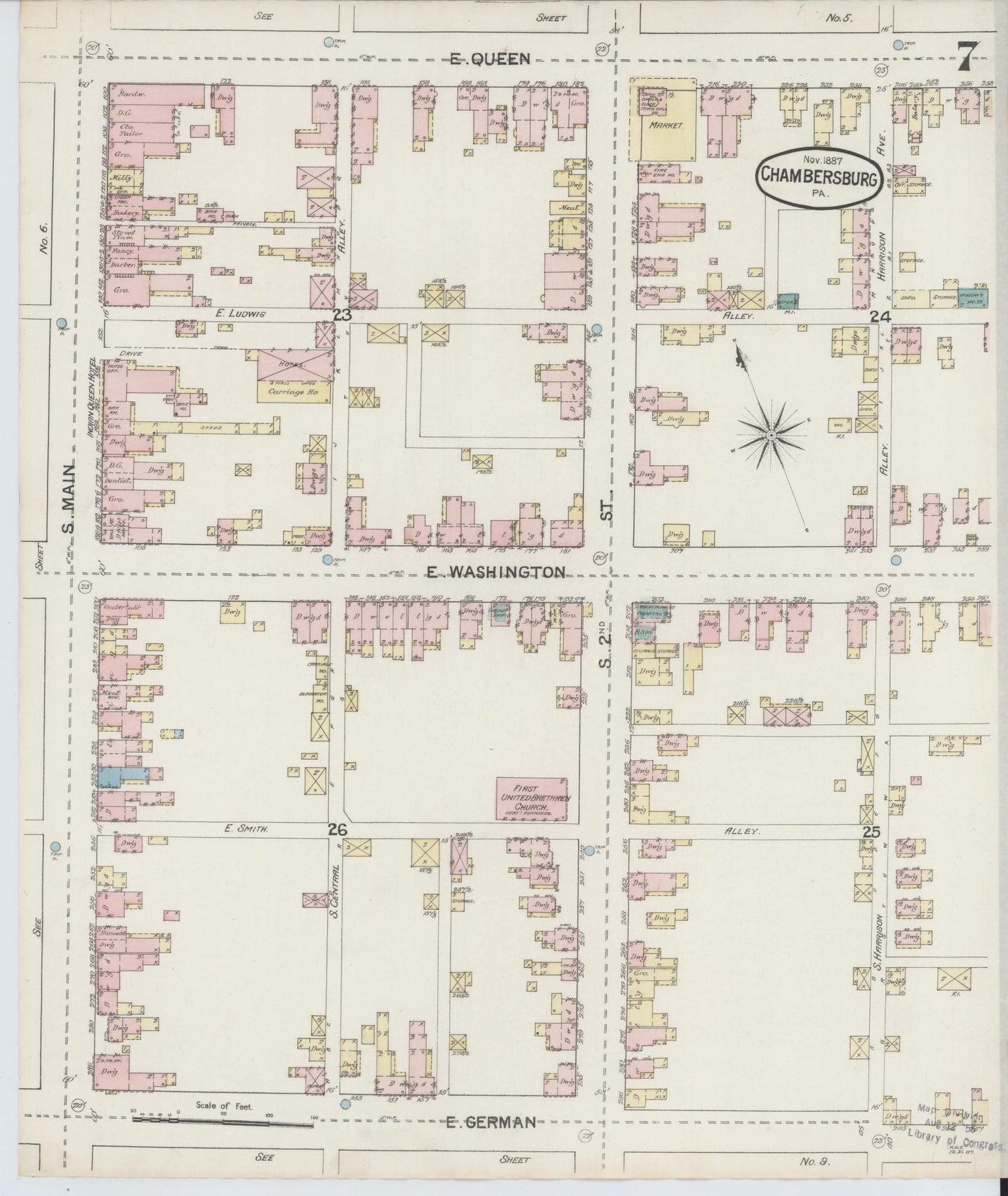 Sanborn Fire Insurance Map from Chambersburg, Franklin County, Pennsylvania (1887), Sheet #0007 - Historic Sanborn Fire Insurance Map Print, vintage old map wall art, antique decor, genealogy gift, Pennsylvania Pennsylvania map