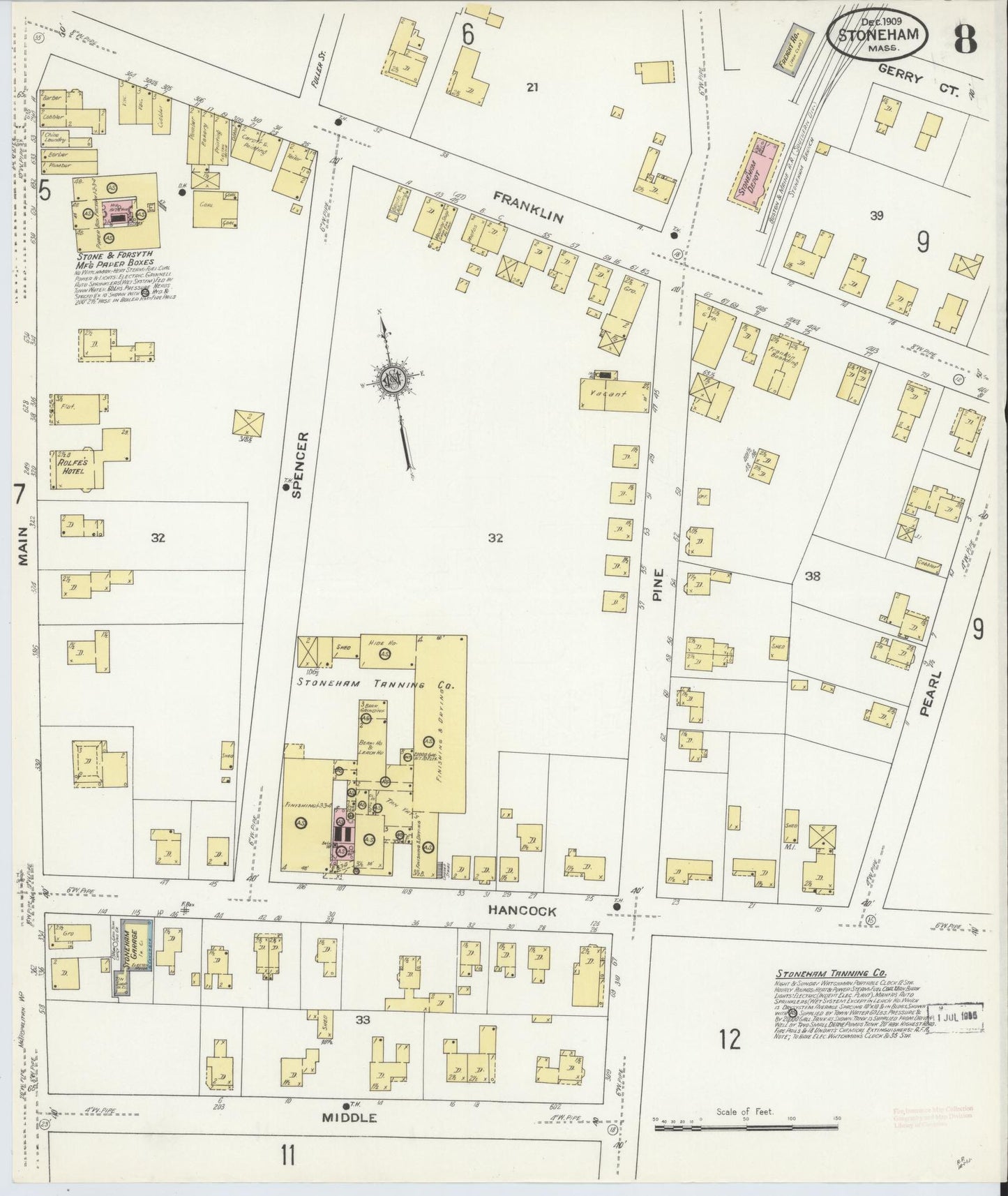 Sanborn Fire Insurance Map from Stoneham, Middlesex County, Massachusetts (1909), Sheet #0008 - Historic Sanborn Fire Insurance Map Print, vintage old map wall art, antique decor, genealogy gift, Massachusetts Massachusetts map