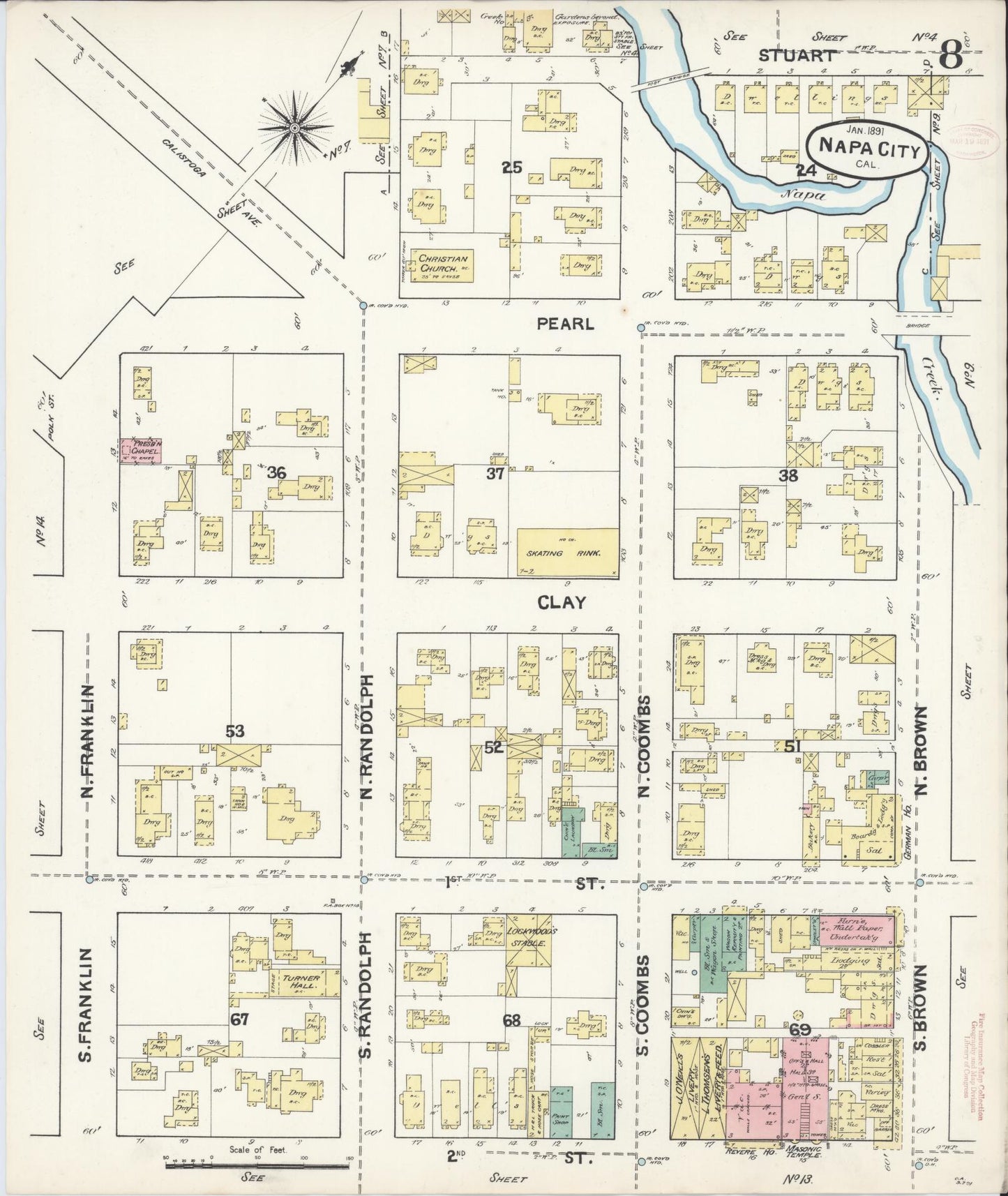 Sanborn Fire Insurance Map from Napa, Napa County, California (1891), Sheet #0008 - Historic Sanborn Fire Insurance Map Print, vintage old map wall art, antique decor, genealogy gift, California California map