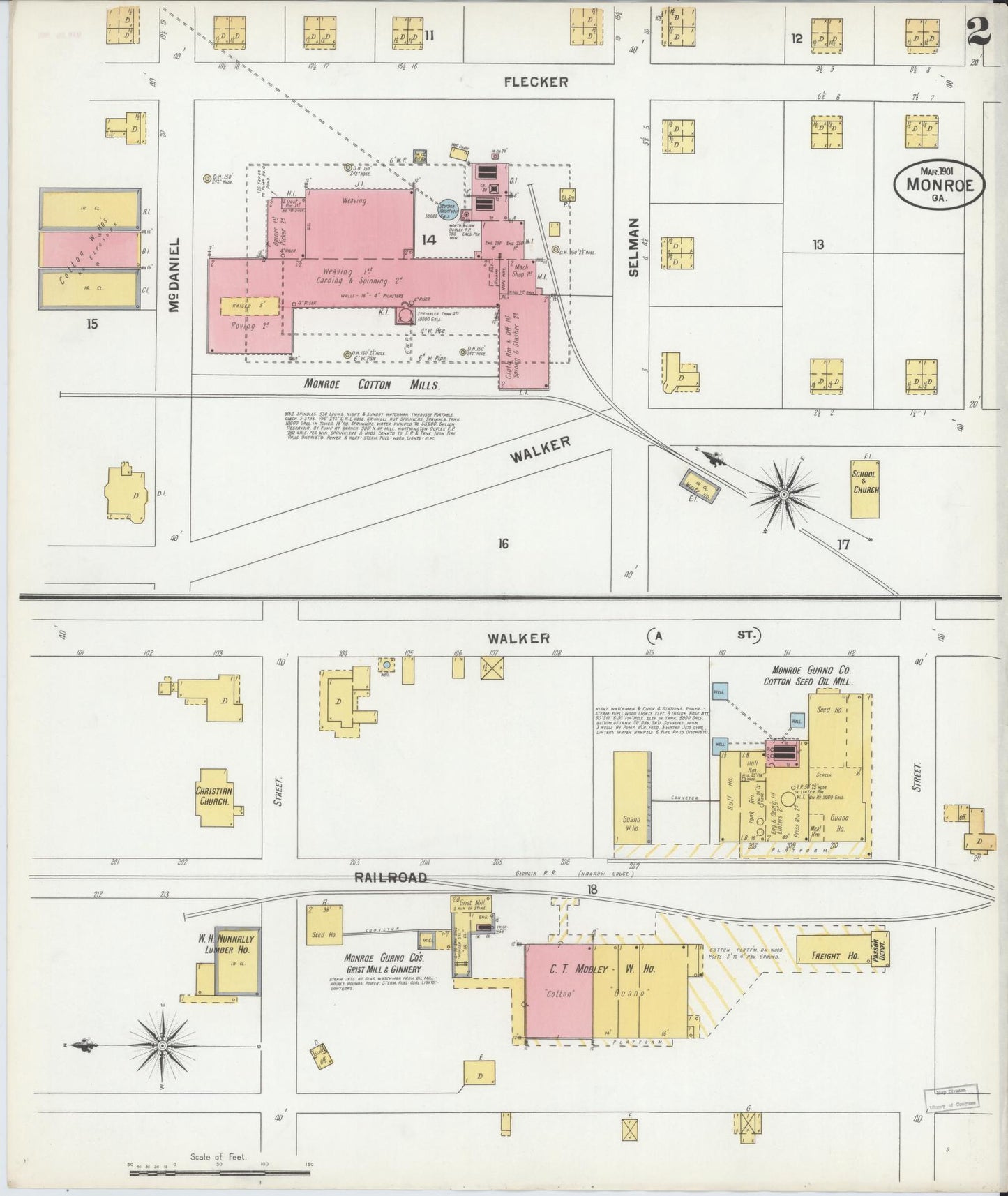 Sanborn Fire Insurance Map from Monroe, Walton County, Georgia (1901), Sheet #0002 - Historic Sanborn Fire Insurance Map Print, vintage old map wall art, antique decor, genealogy gift, Georgia Georgia map