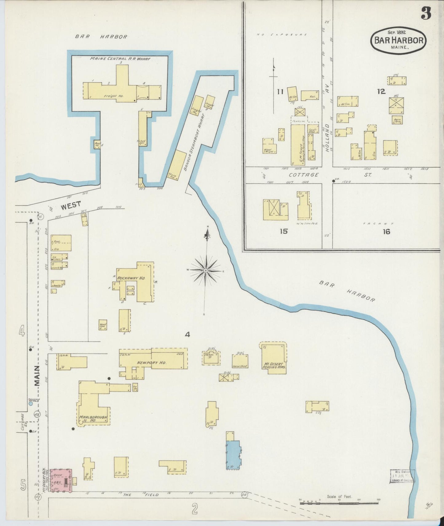 Sanborn Fire Insurance Map from Bar Harbor, Hancock County, Maine (1892), Sheet #0003 - Historic Sanborn Fire Insurance Map Print, vintage old map wall art, antique decor, genealogy gift, Maine Maine map