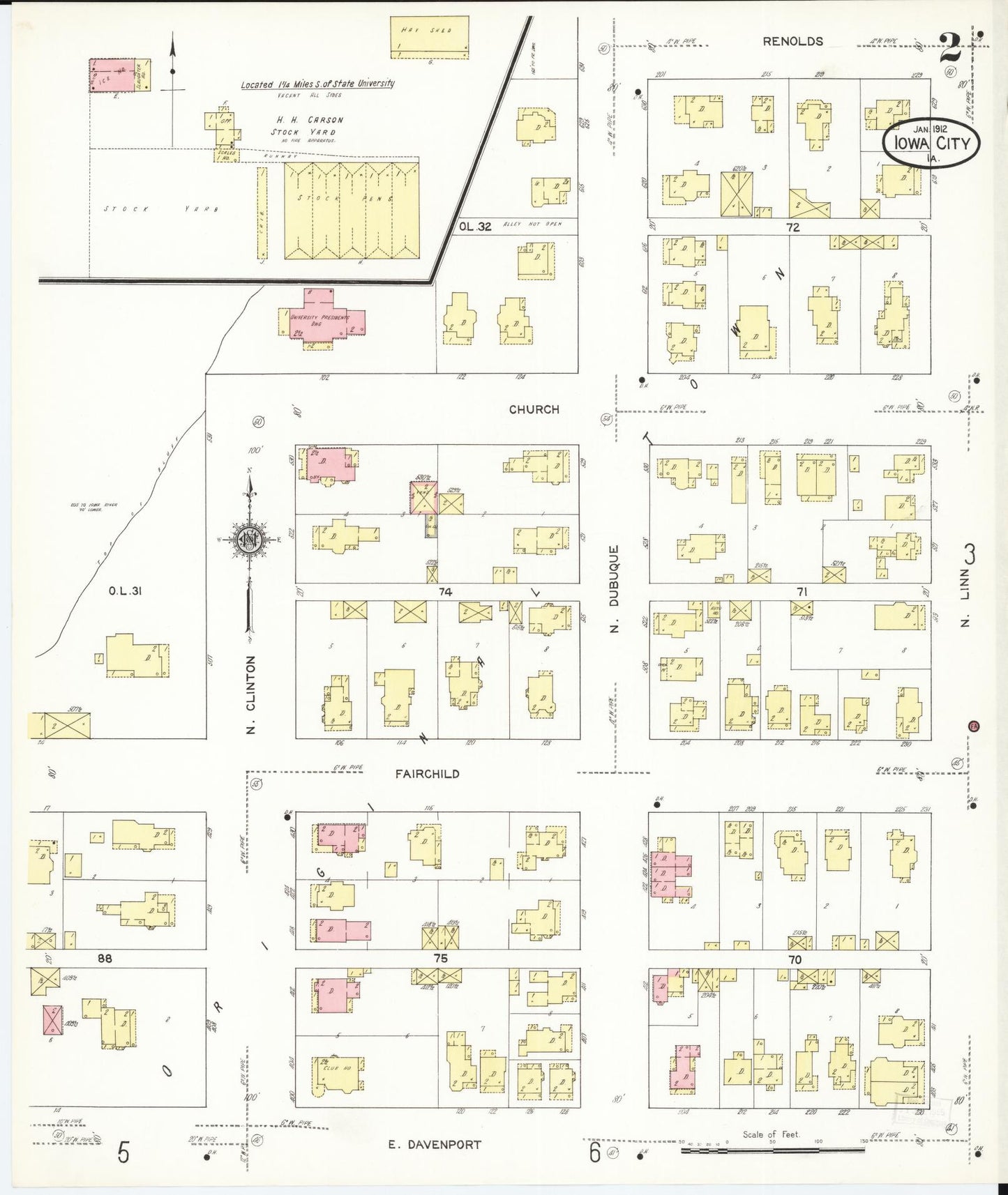 Sanborn Fire Insurance Map from Iowa City, Johnson County, Iowa (1912), Sheet #0002 - Historic Sanborn Fire Insurance Map Print, vintage old map wall art