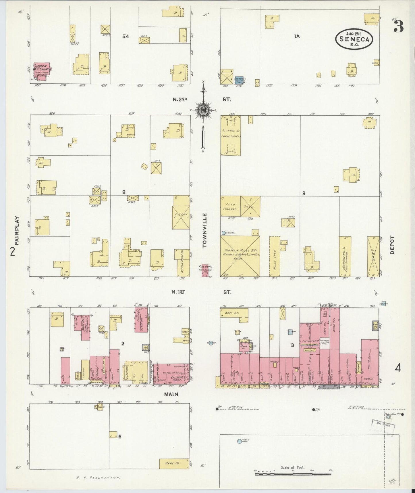 Sanborn Fire Insurance Map from Seneca, Oconee County, South Carolina (1911), Sheet #0003 - Historic Sanborn Fire Insurance Map Print, vintage old map wall art, antique decor, genealogy gift, South Carolina South Carolina map