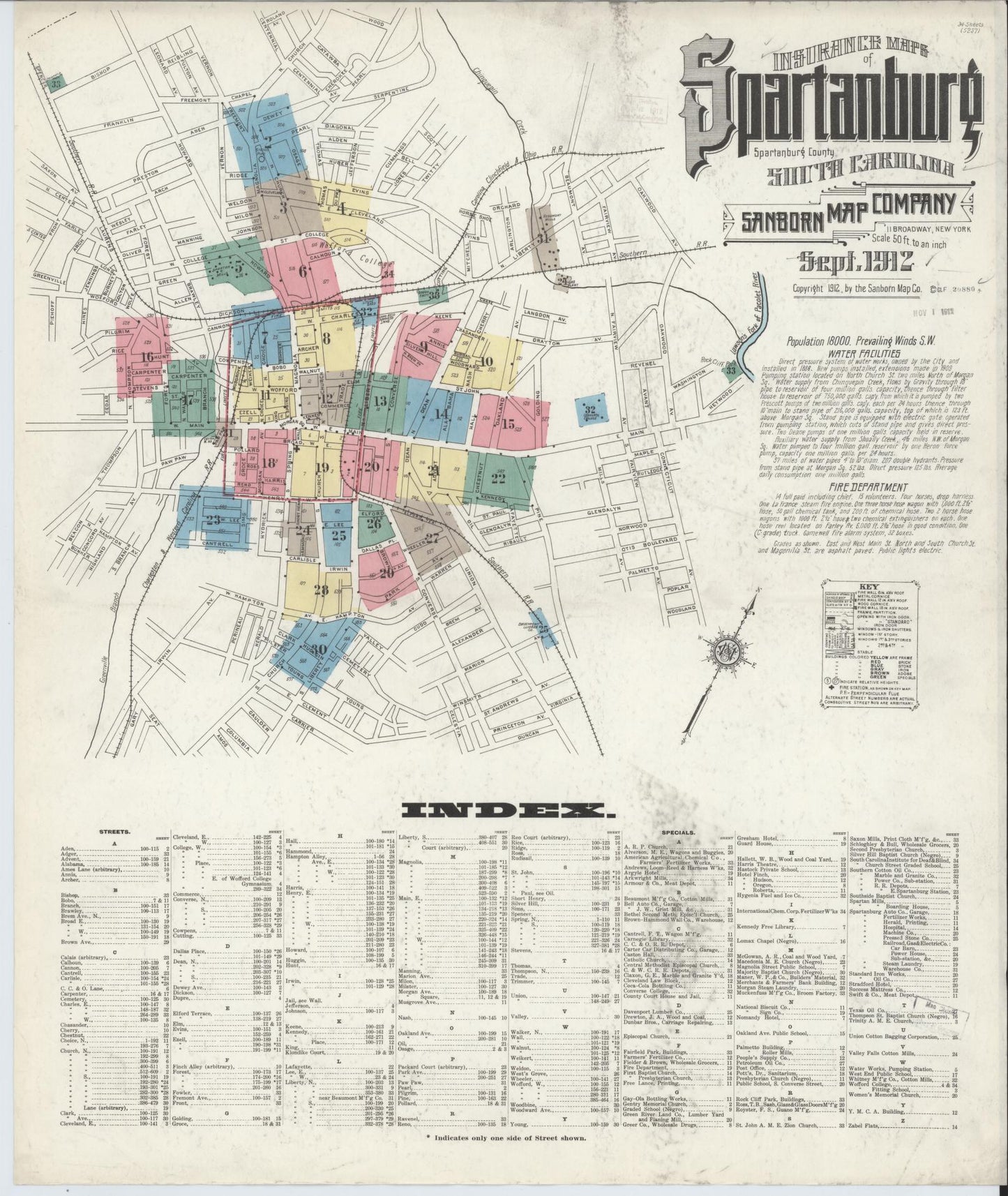 Sanborn Fire Insurance Map from Spartanburg, Spartanburg County, South Carolina (1912), Sheet #0001 - Historic Sanborn Fire Insurance Map Print, vintage old map wall art, antique decor, genealogy gift, South Carolina South Carolina map