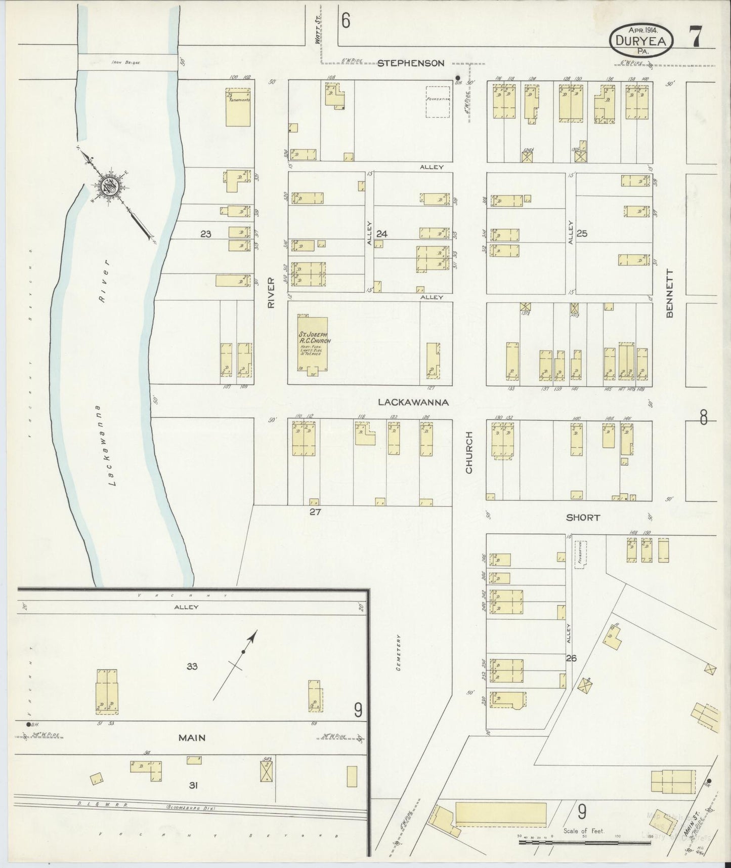 Sanborn Fire Insurance Map from Duryea, Luzerne County, Pennsylvania (1914), Sheet #0007 - Historic Sanborn Fire Insurance Map Print, vintage old map wall art, antique decor, genealogy gift, Pennsylvania Pennsylvania map