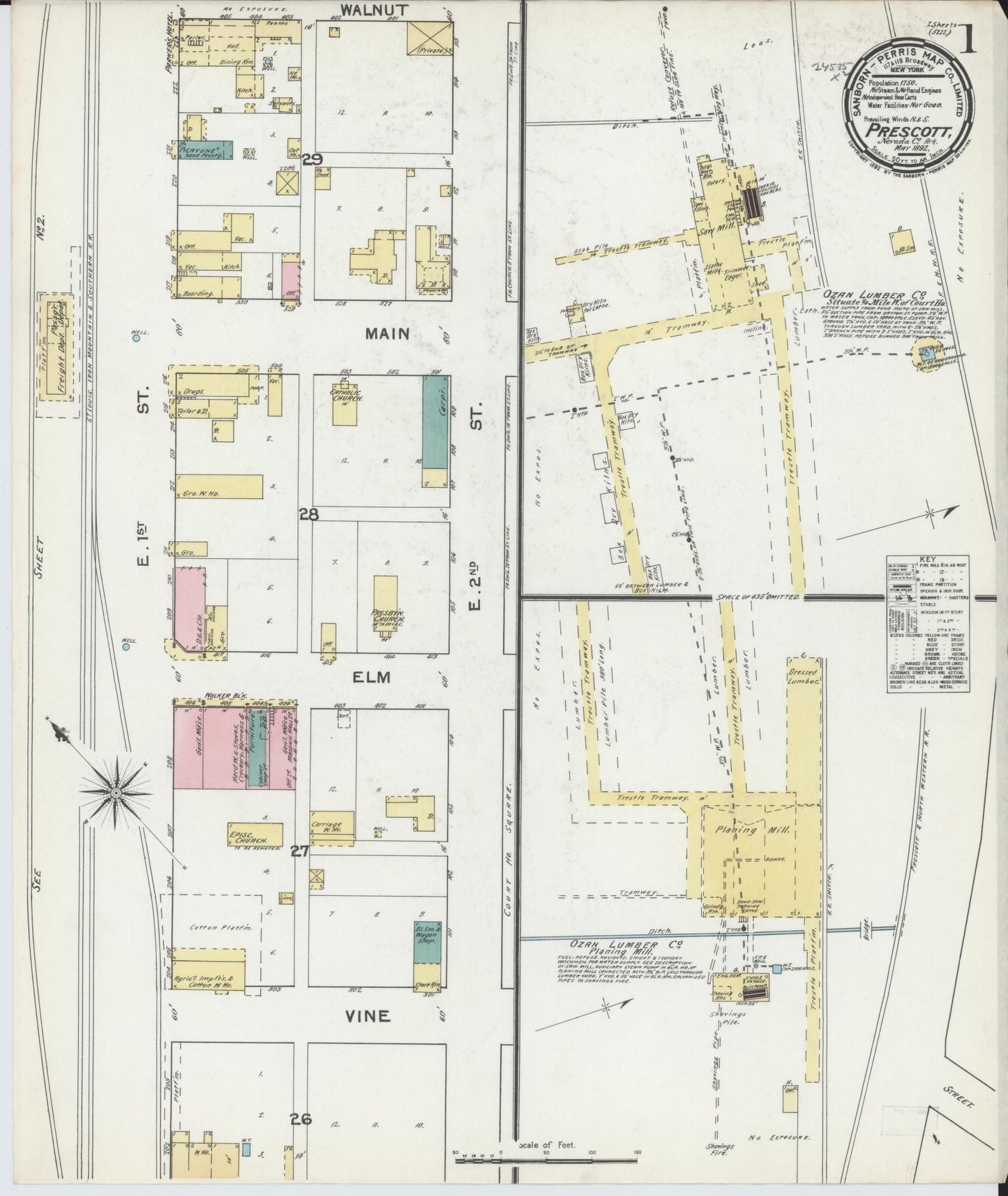Sanborn Fire Insurance Map from Prescott, Nevada County, Arkansas (1892), Sheet #0001 - Historic Sanborn Fire Insurance Map Print, vintage old map wall art, antique decor, genealogy gift, Prescott Nevada map