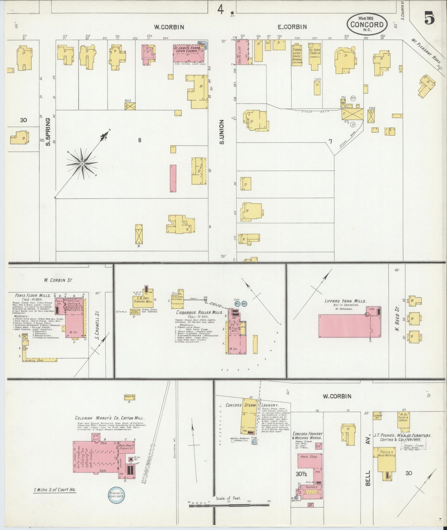 Sanborn Fire Insurance Map from Concord, Cabarrus County, North Carolina (1902), Sheet #0005 - Historic Sanborn Fire Insurance Map Print, vintage old map wall art, antique decor, genealogy gift, North Carolina North Carolina map